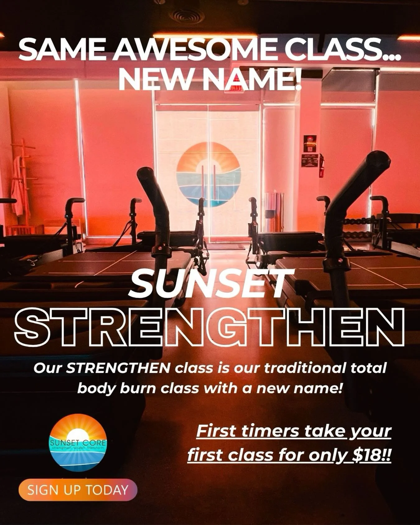 ✨🌅SAME AWESOME CLASS. NEW NAME. ✨🌅

You know the burn. You know the shake. You know you&rsquo;re going to feel it tomorrow.🔥

Our Total Body Burn is officially SUNSET STRENGTHEN! 💪🌅

Same high-energy, full-body workout you love&mdash;just with a