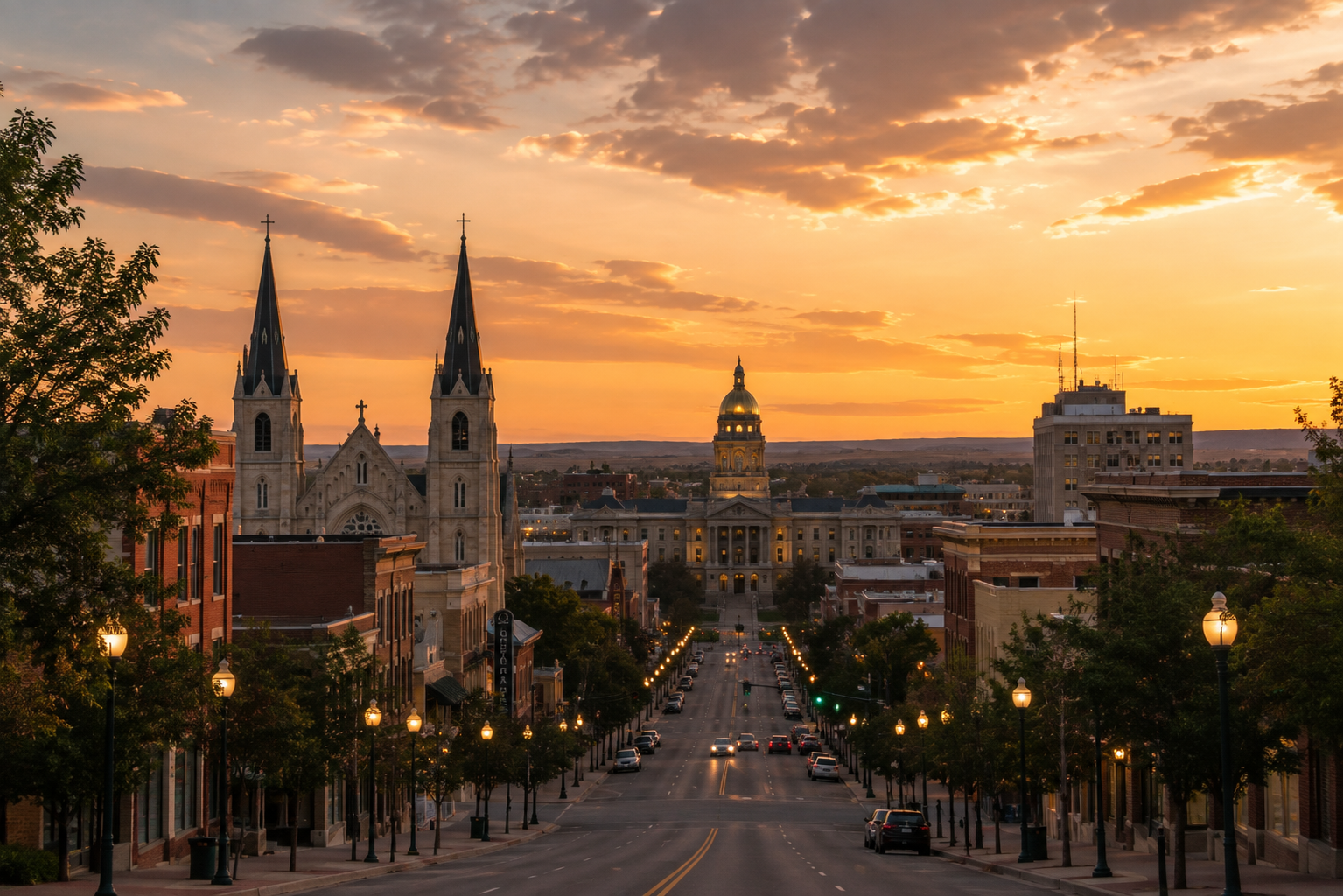 A city street during sunset with historic buildings, trees, automobiles, and streetlights in view, including a prominent church with two tall spires and a domed government building in the background.