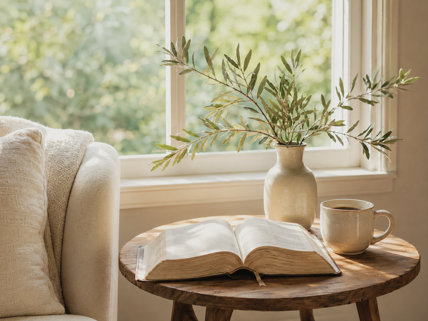 A cozy scene with a wooden table holding an open book, a cup of coffee, and a vase with leafy branches, set near a window with green trees outside.