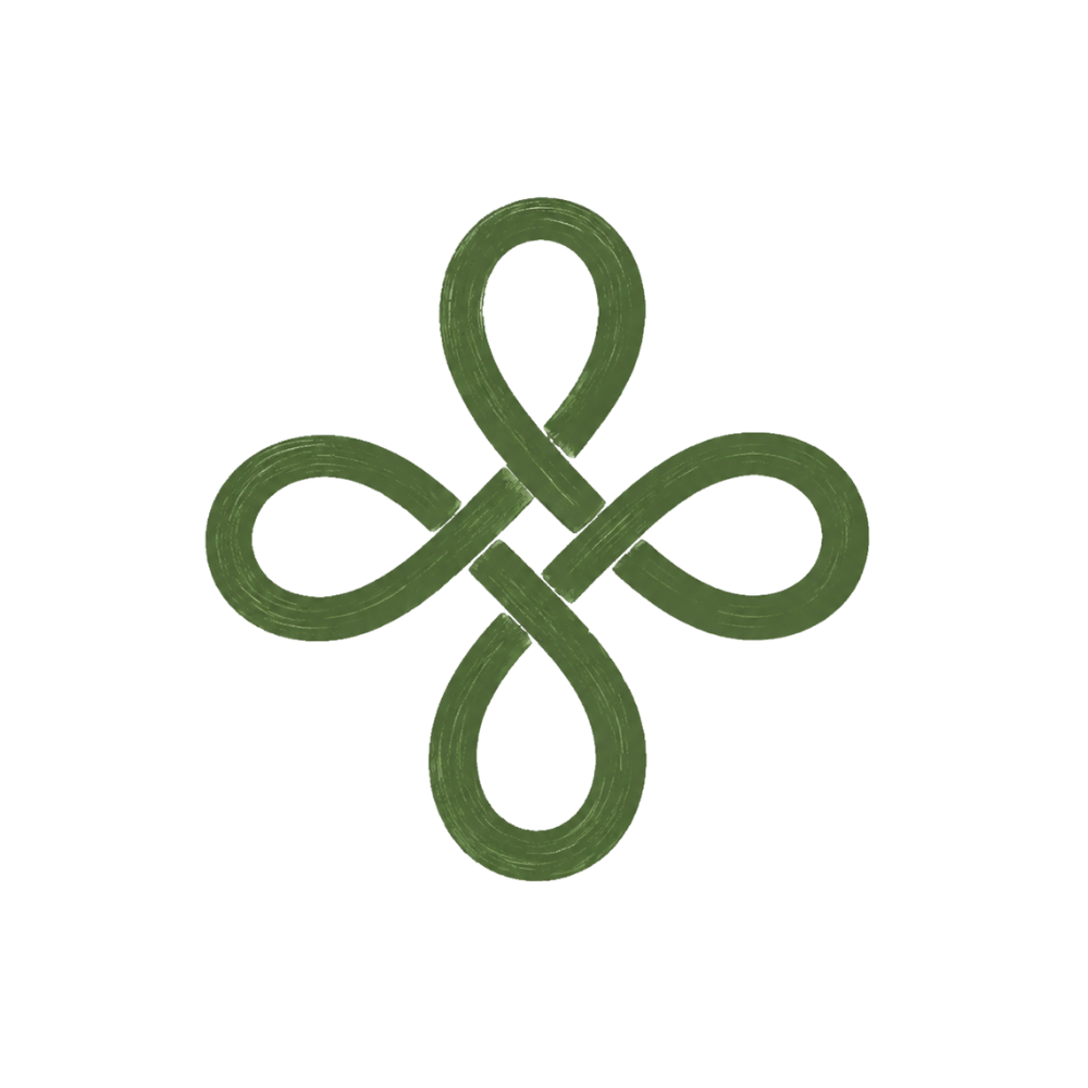 A decorative Celtic knot featuring a green ribbon-like design interwoven in a symmetrical pattern with a black background.