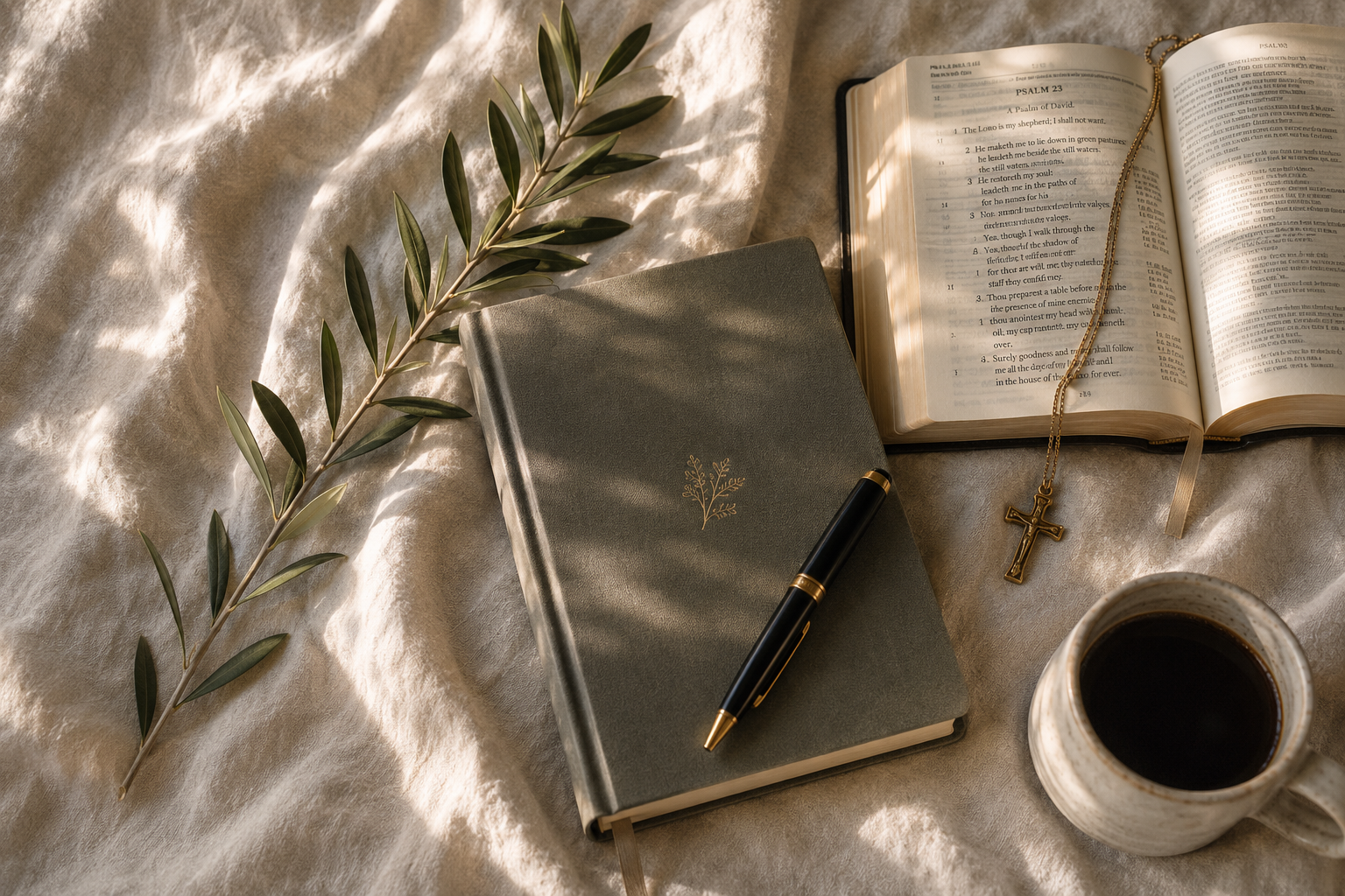A flat lay of a bookshelf with a closed gray book, a black and gold pen, an open Bible with a gold cross necklace draped on it, a mug of black coffee, and a sprig of olive leaves on a light-colored fabric surface with sunlight streaming in.