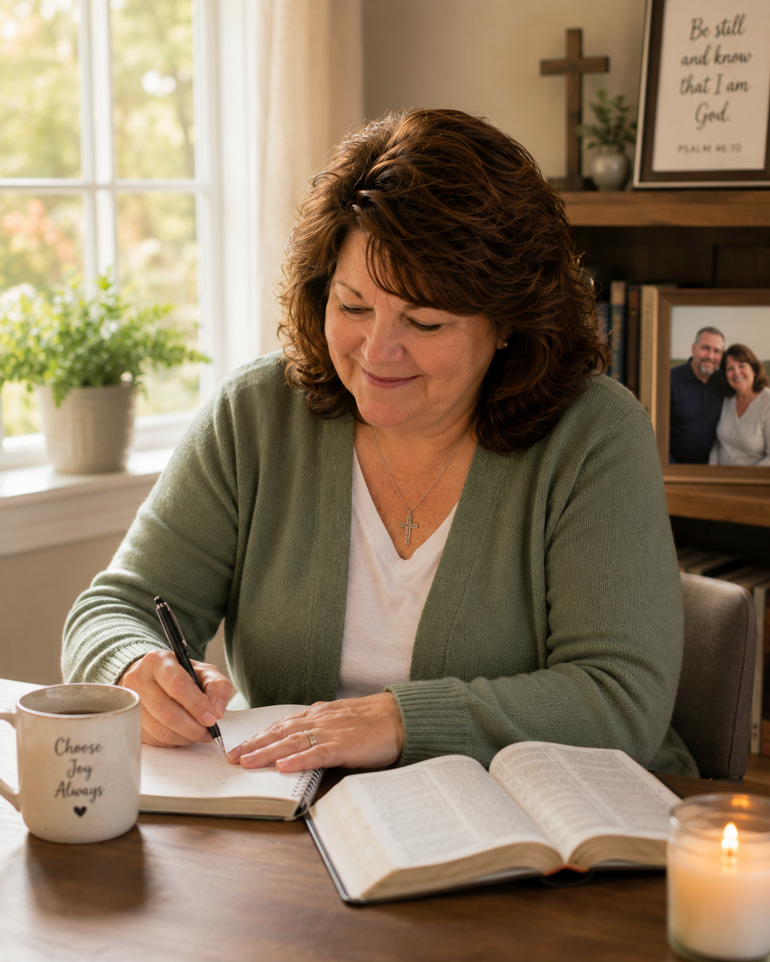 A woman with brown curly hair, wearing a green cardigan and a cross necklace, is sitting at a wooden table reading the Bible. She is holding a pen and has a mug that says 'Choose Joy Always' nearby. Behind her, there is a window with a potted plant, a cross, framed picture of a man and woman, a framed quote, and a bookshelf.