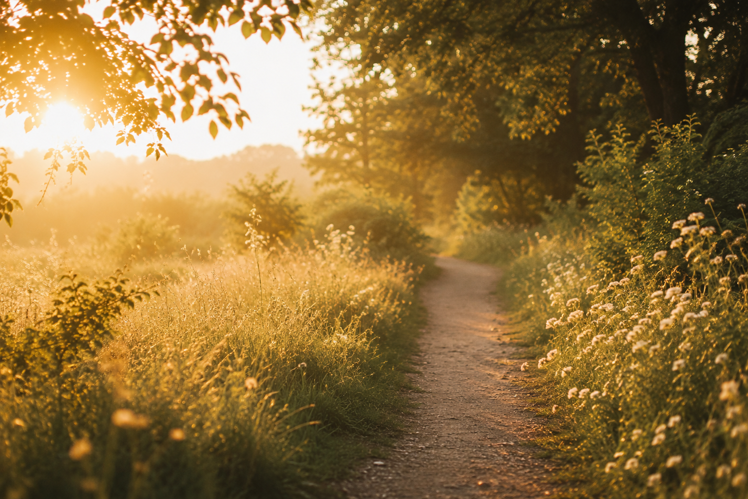 A narrow dirt path winding through a field of wildflowers and tall grass during sunset, with trees and hills in the background.