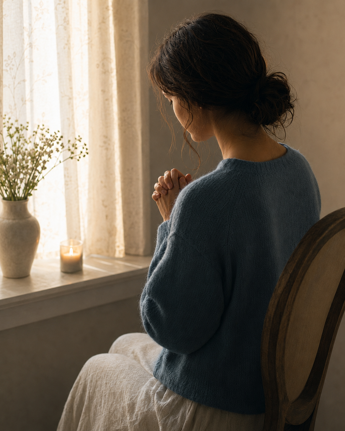 woman-prayering-sunlit-window-catholic-faith