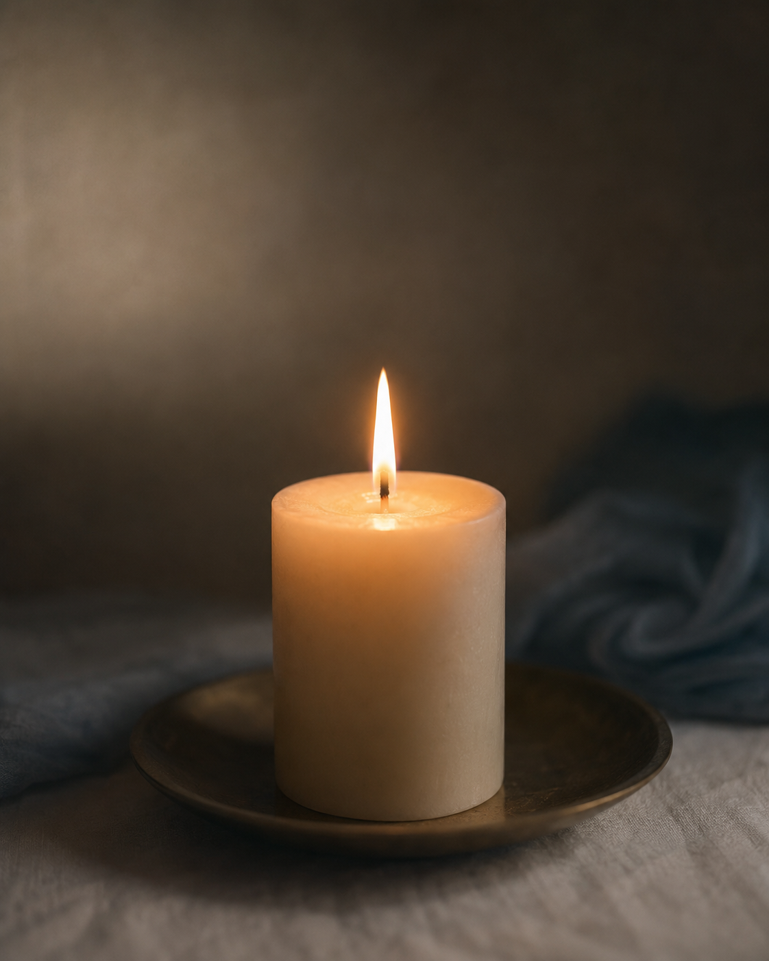 A lit white pillar candle on a dark metal tray with a blue cloth and grey background.
