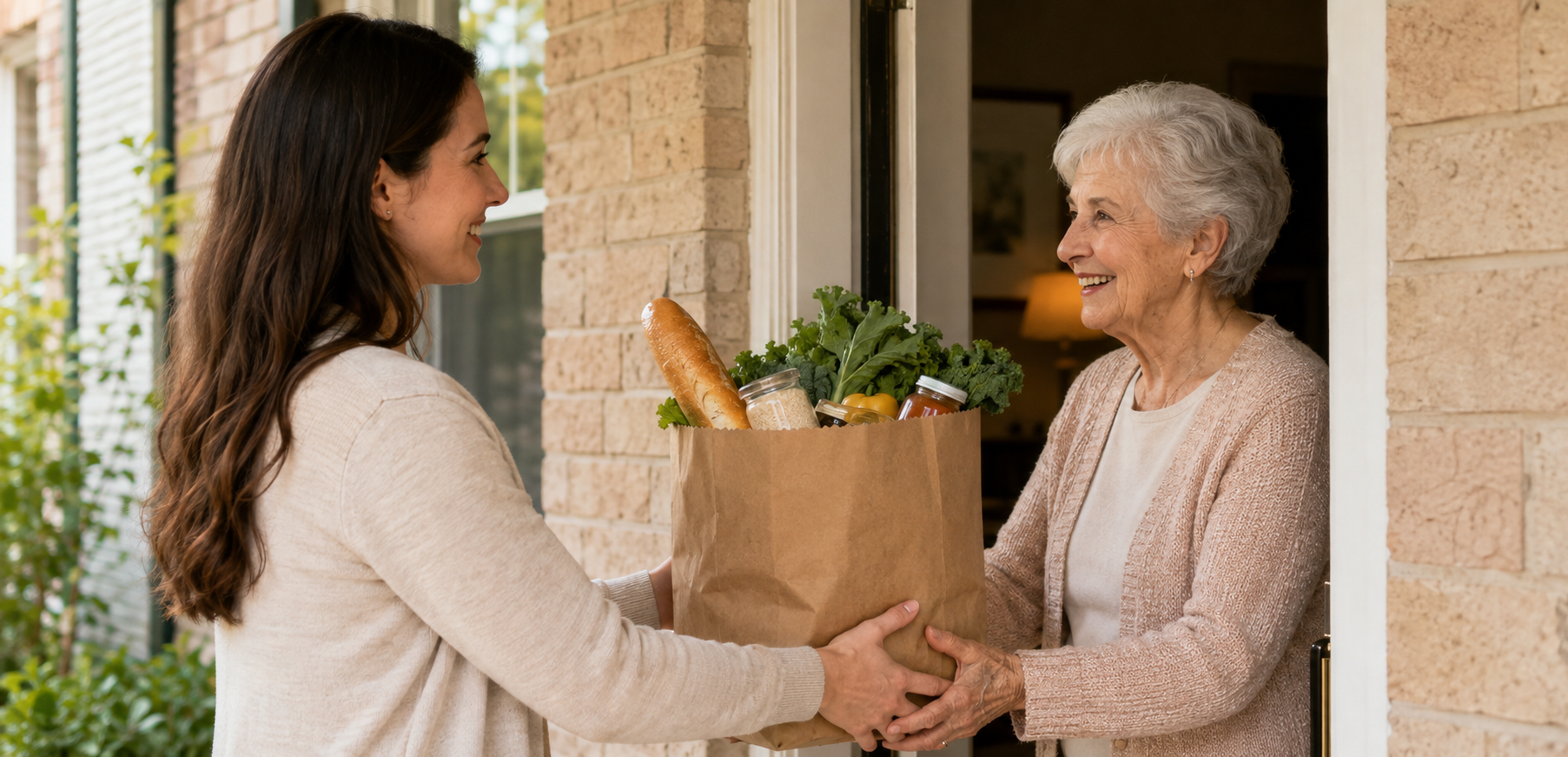 A young woman delivering a paper bag filled with groceries to an elderly woman at her front door, both smiling.