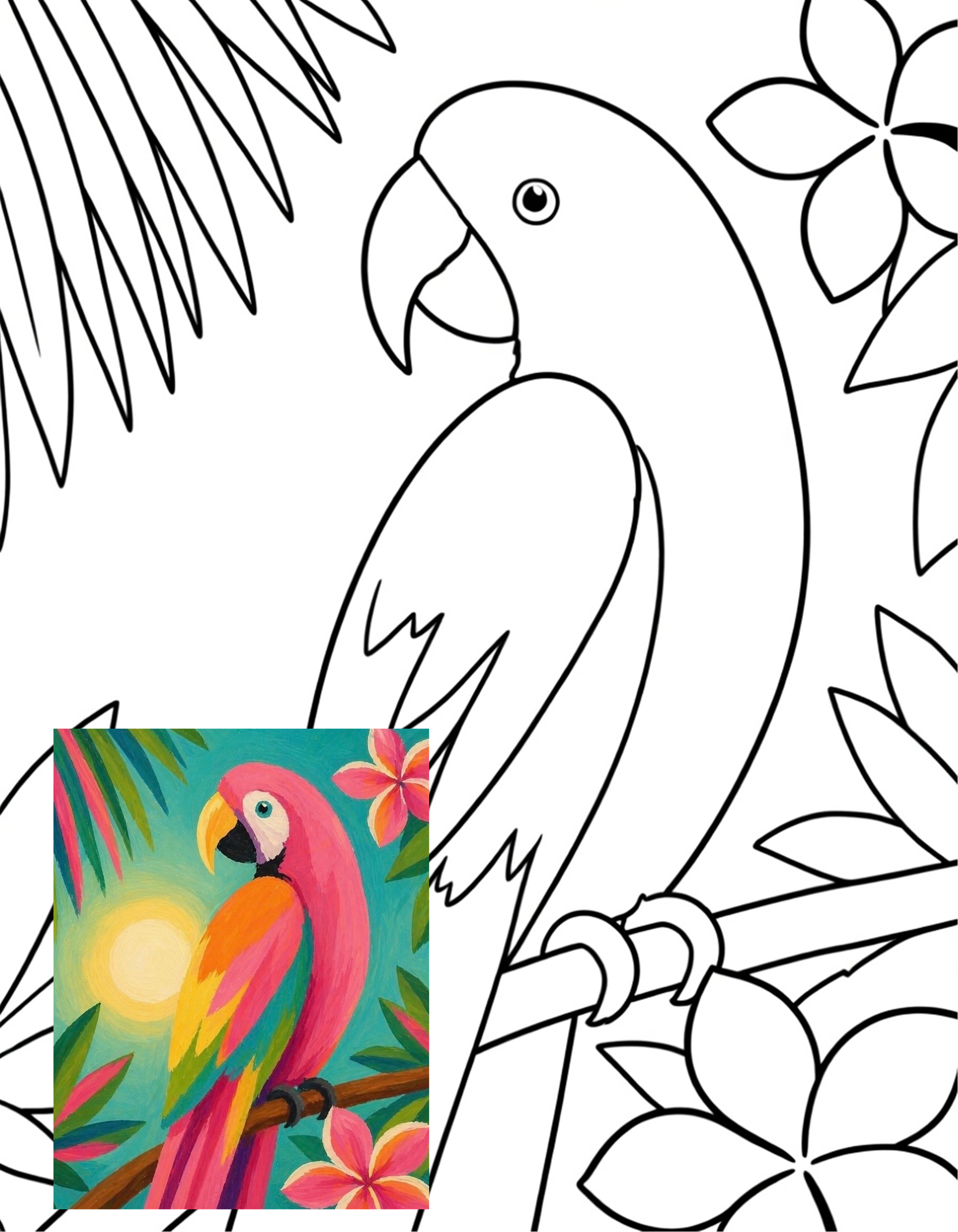 Paradise Parrot original black-and-white tracer with finished painting reference overlaid in the lower-left corner