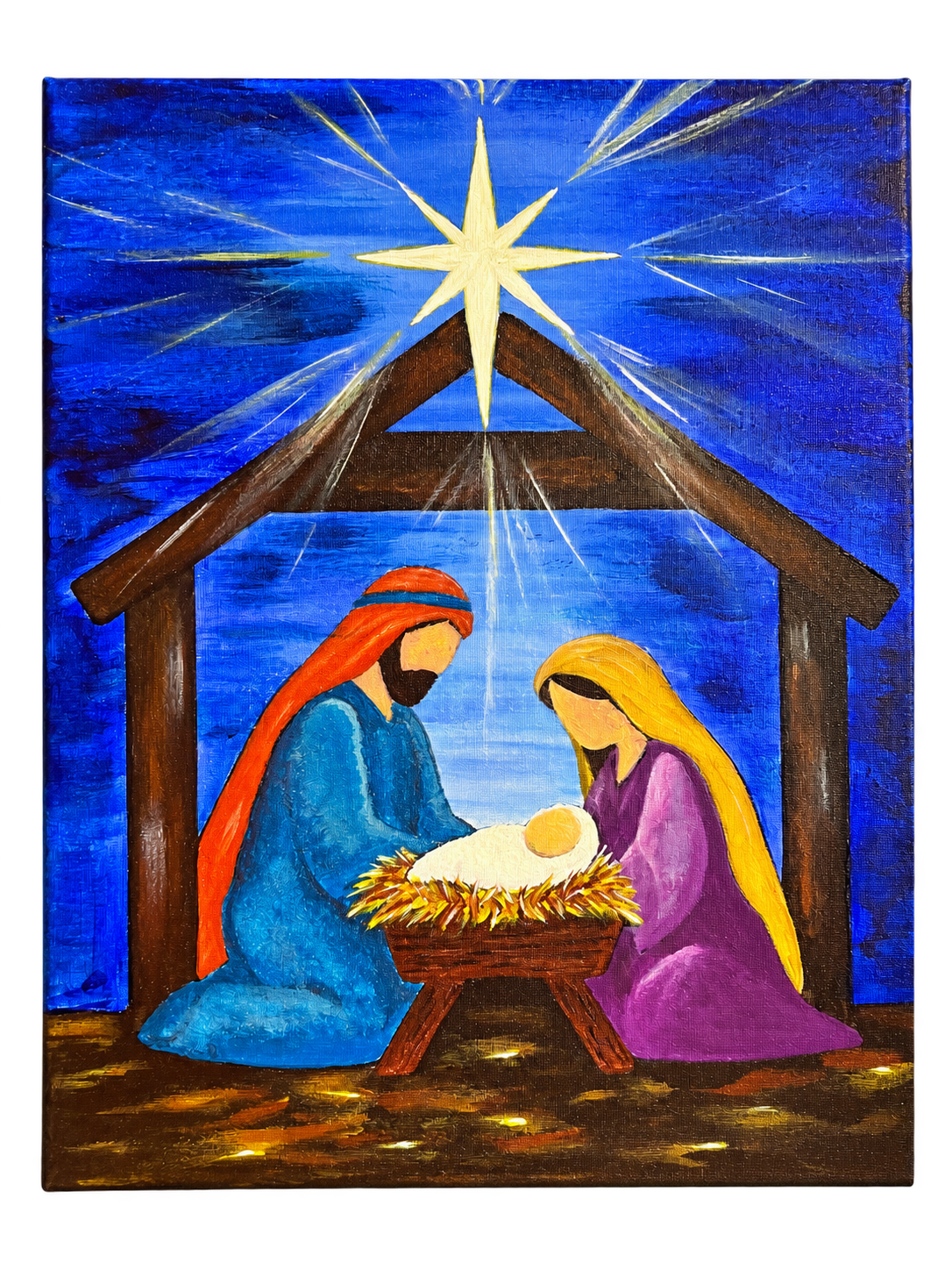 Finished Nativity painting with Mary, Joseph, and baby Jesus beneath a golden star and blue night sky