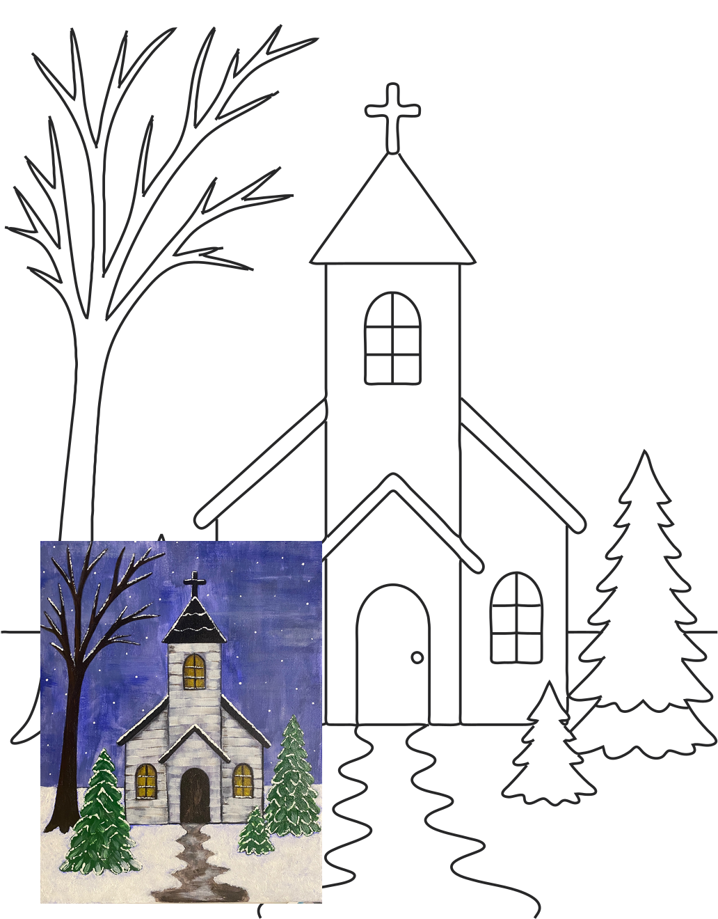 Winter Church black-and-white tracer preview with the supplied finished painting overlaid at the lower left
