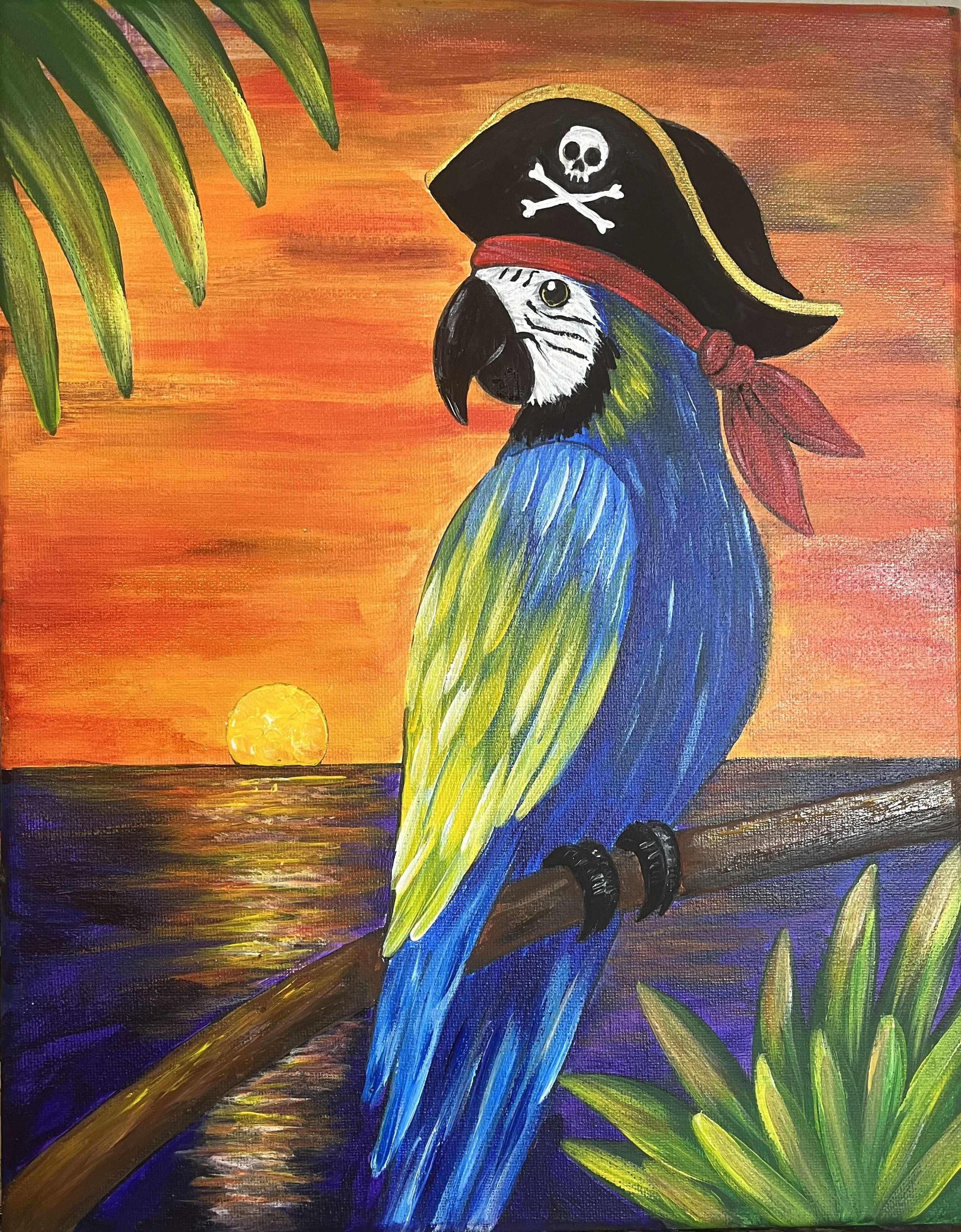 Pirate Parrot finished painting: blue and green parrot in a pirate hat above the ocean at tropical sunset