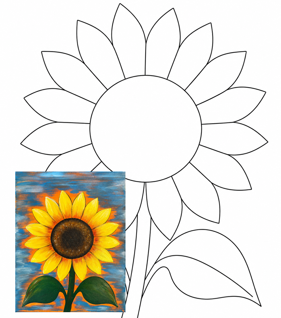 Golden Sunflower original black-and-white tracer with a smaller finished painting overlaid at the lower left