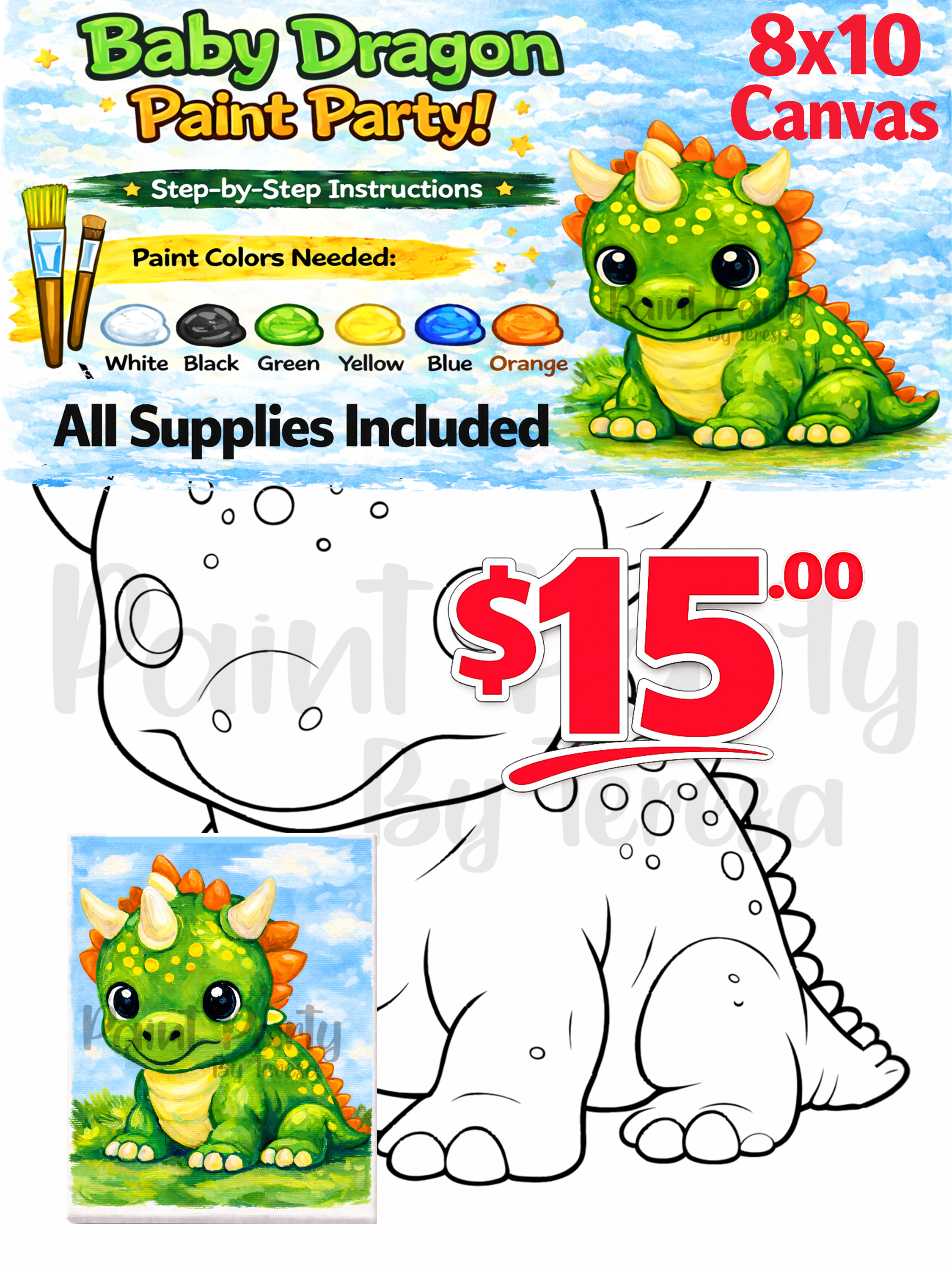 Paint Party Art Kit – Baby Dragon 8x10