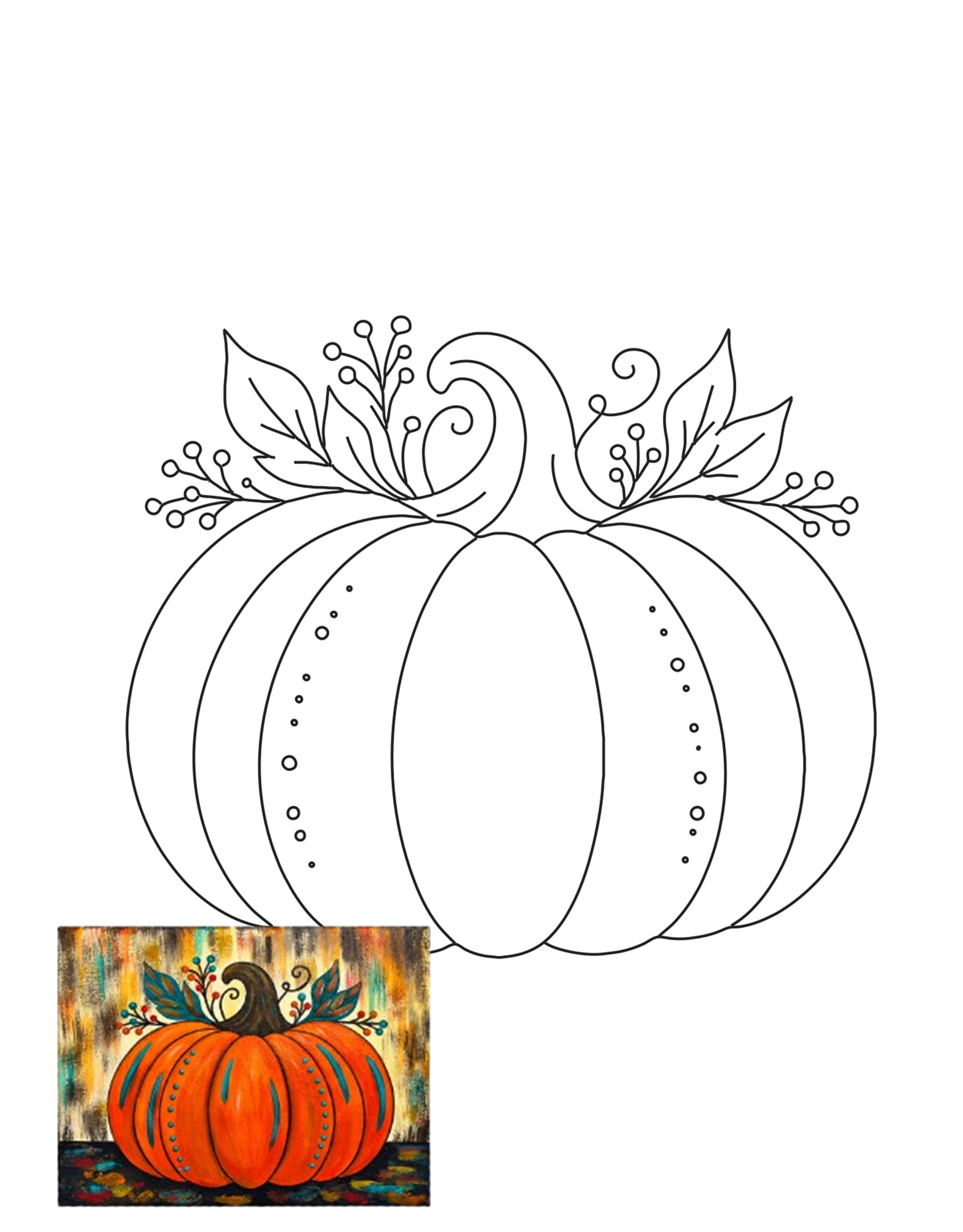 Fall Pumpkin 2026 original black-and-white tracer with a smaller finished painting inset at the lower left on a white portrait preview.