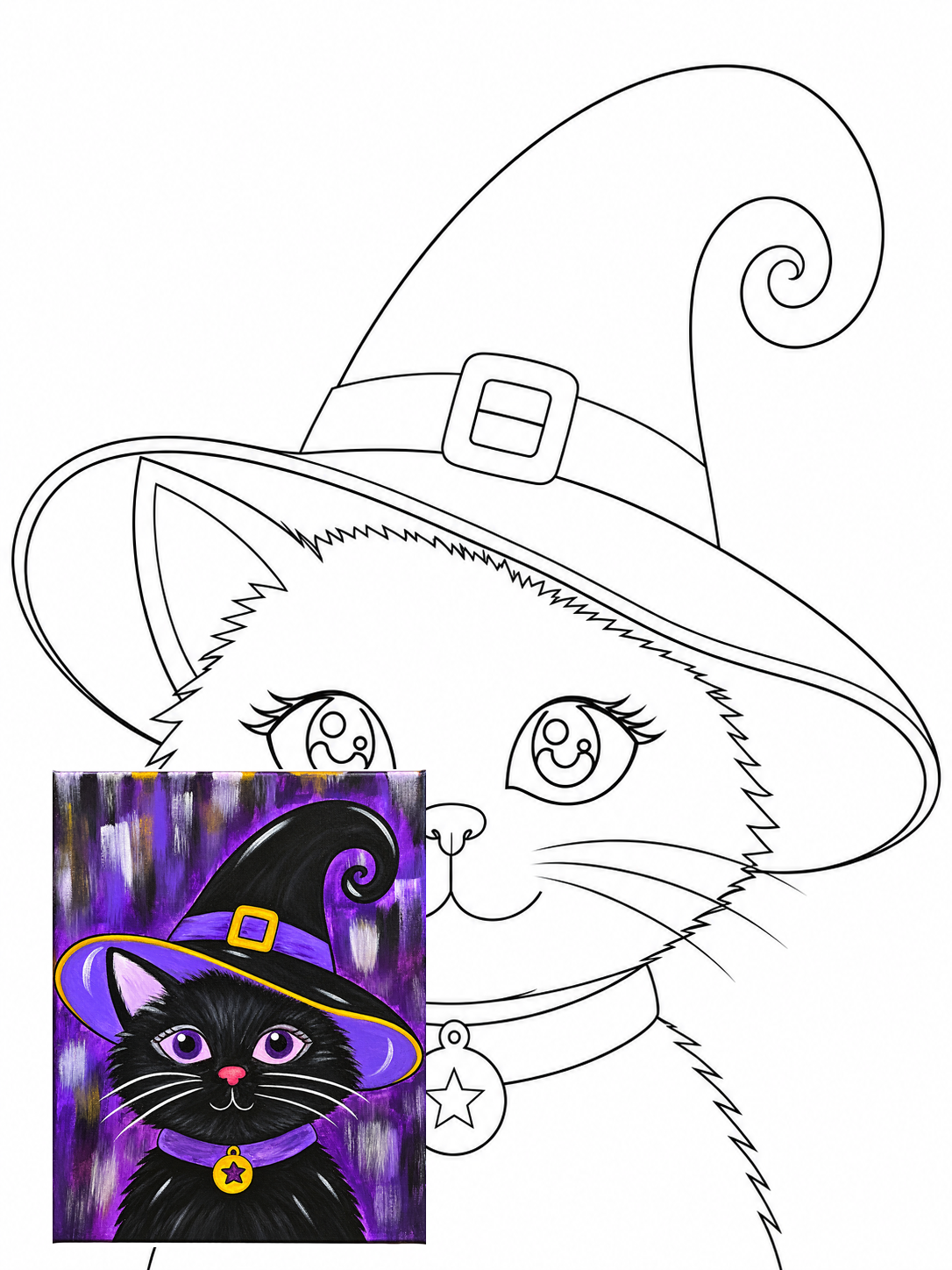 Midnight Meowgic original black-and-white kitty tracer with a smaller finished painting inset at the lower left.
