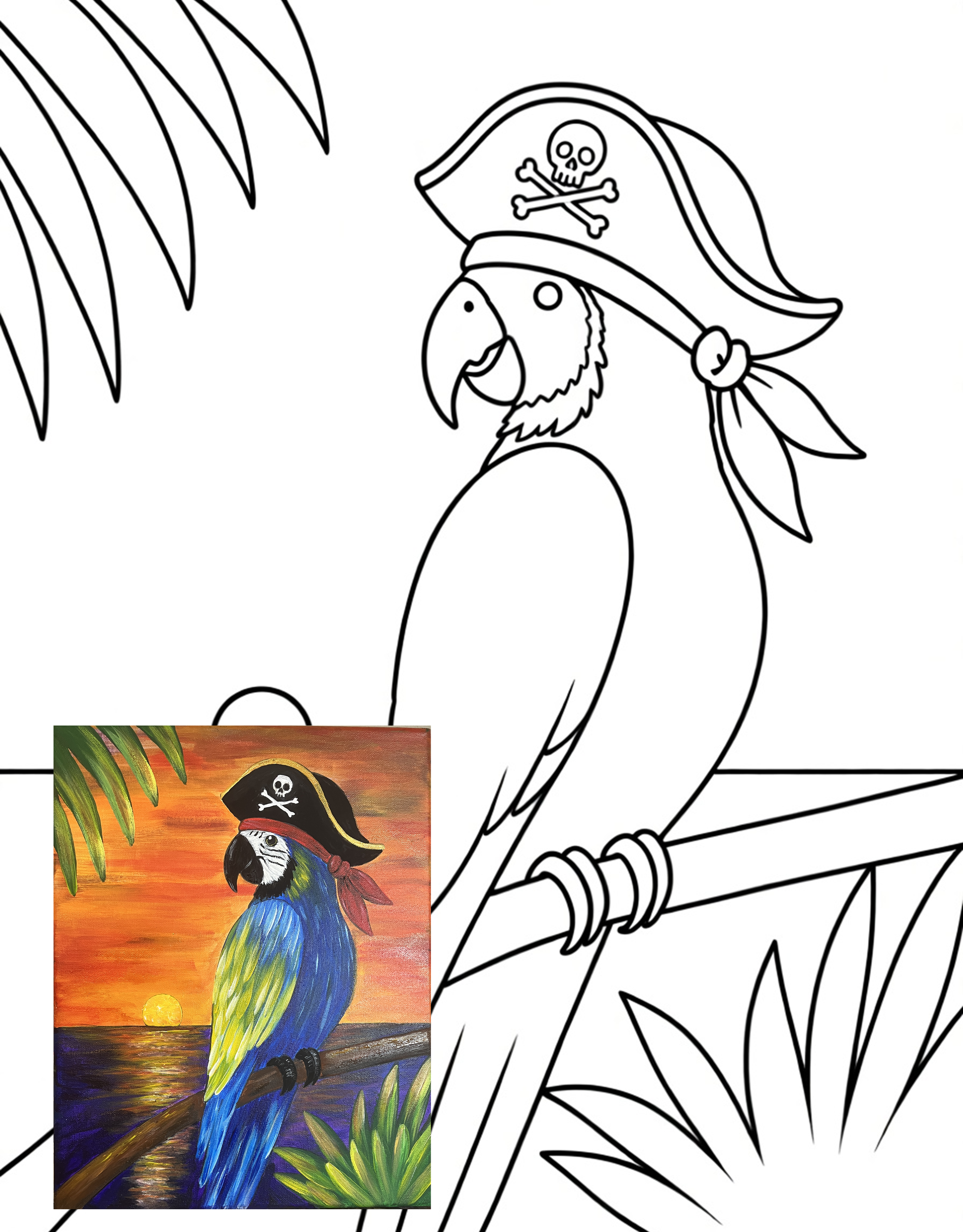 Pirate Parrot original black-and-white tracer with supplied finished painting overlaid in the lower-left corner