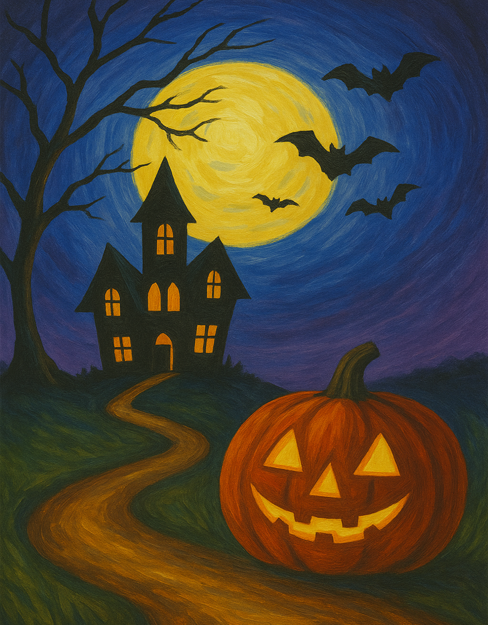 Spooky Nights finished painting with a moonlit haunted house, bats, and glowing jack-o’-lantern