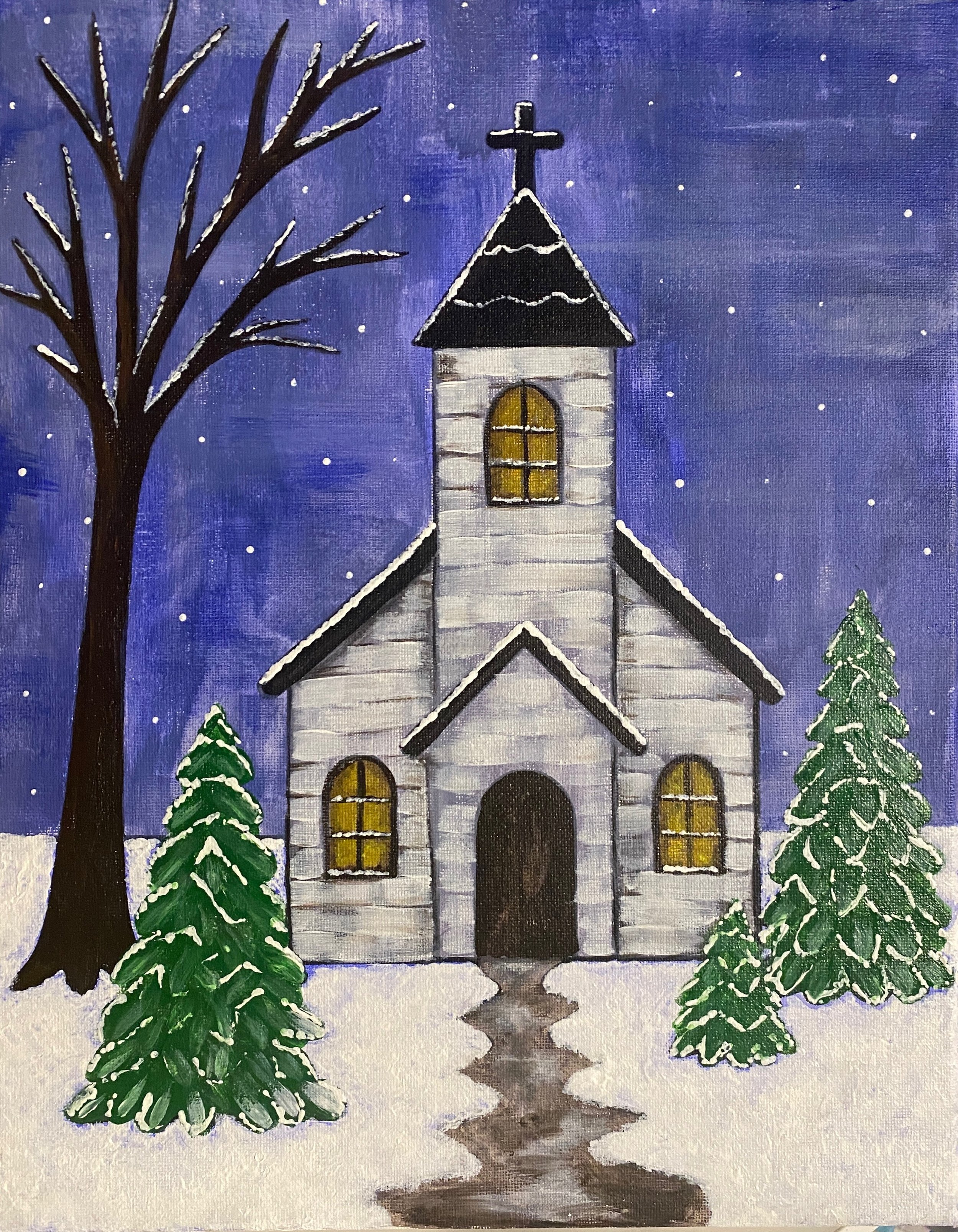 Finished Winter Church painting with glowing windows, snowy evergreen trees, a winding path, and a purple-blue night sky