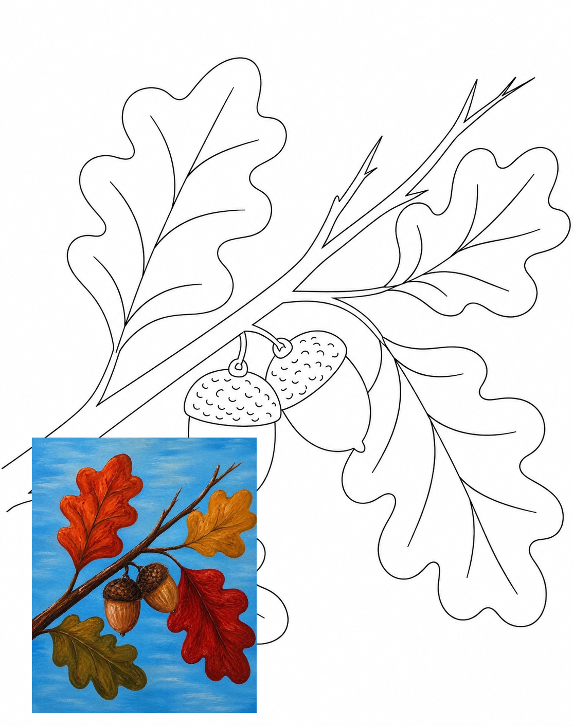 Fall Acorns original black-and-white tracer with a smaller finished painting overlay in the lower-left corner.