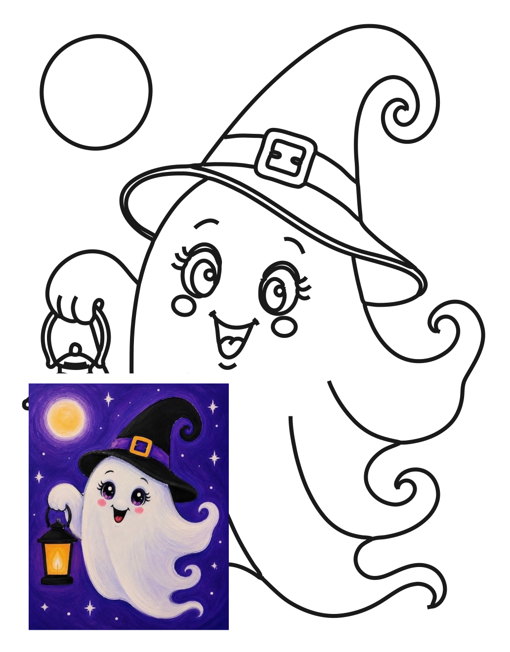 Boo Time original black-and-white ghost tracer with the supplied finished painting overlaid proportionally at the lower left.