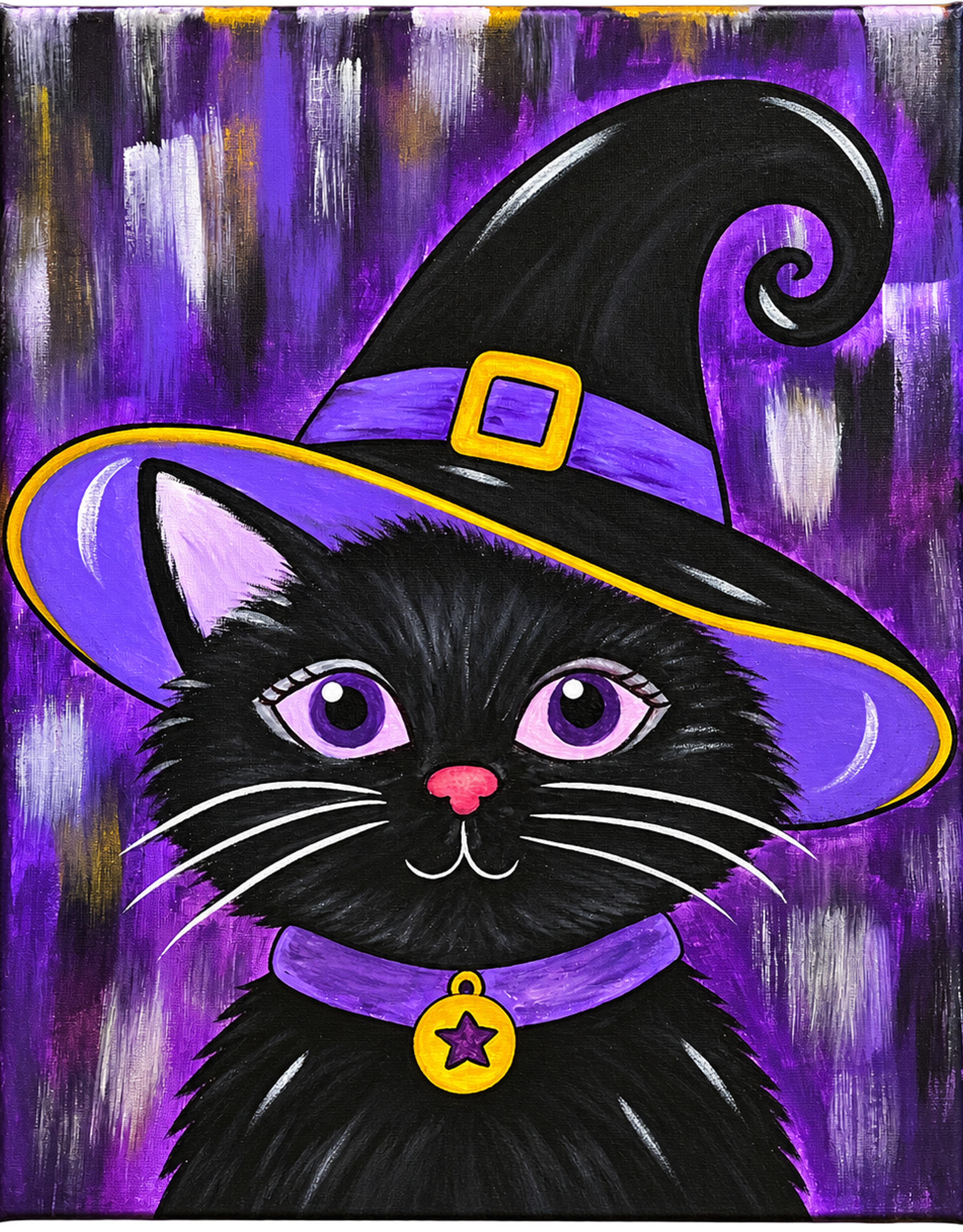 Midnight Meowgic finished painting: black kitty wearing a purple witch hat with golden accents against a purple background.