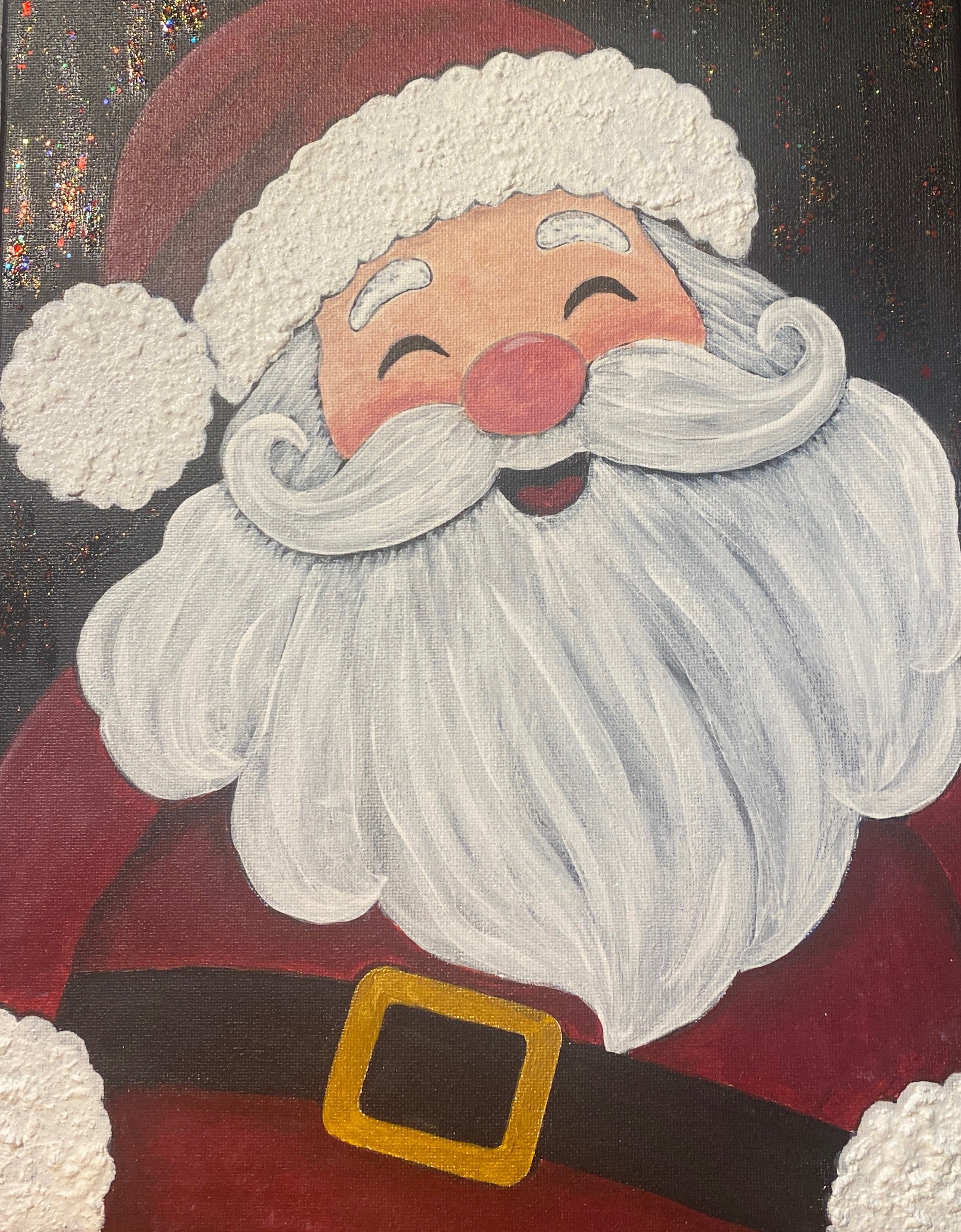 Santa 2026 finished painting with a red hat, rosy nose, curling white mustache, and snowy beard