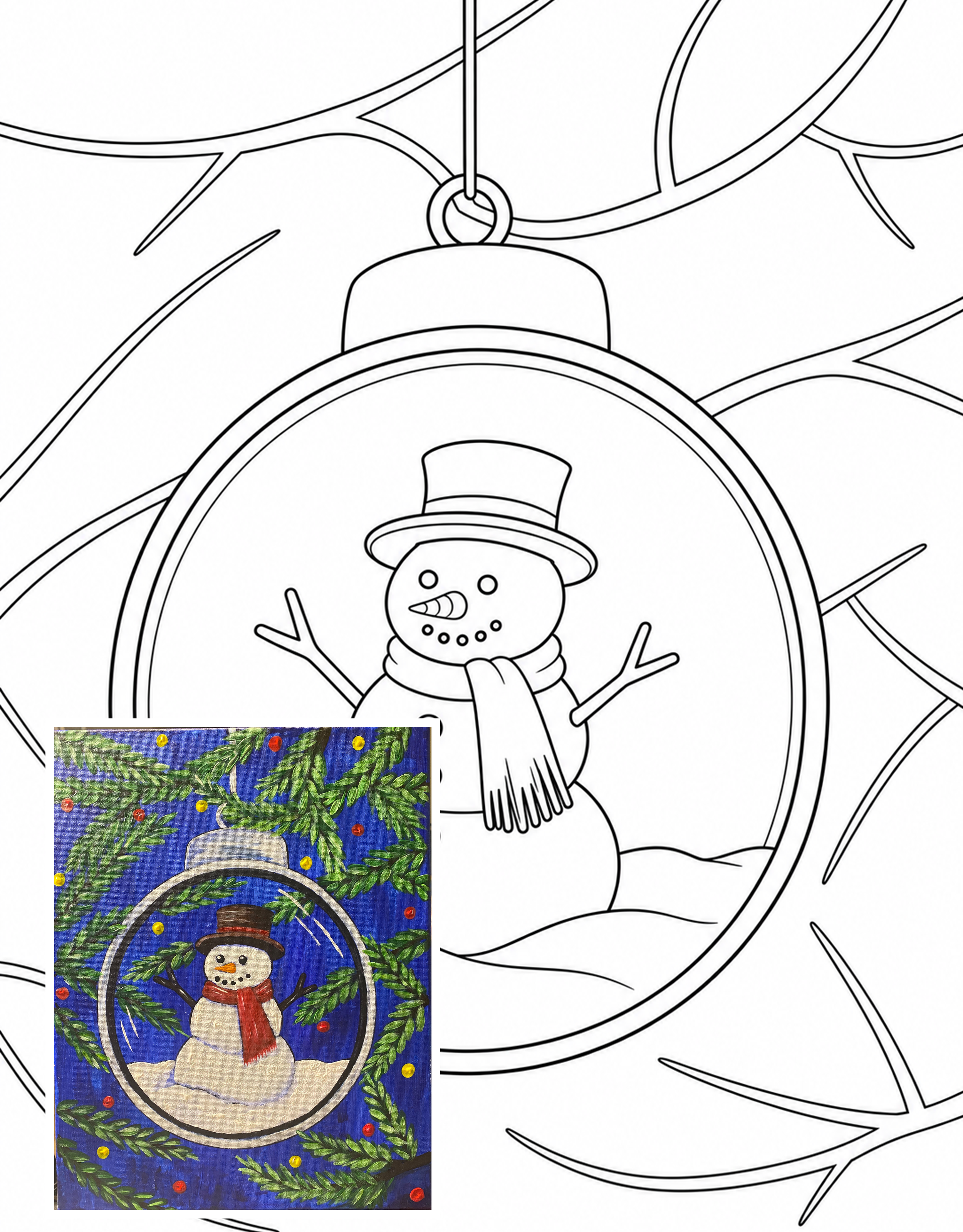 Snowman Ornament black-and-white tracer preview with the supplied finished painting overlaid at the lower left