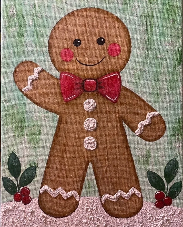 Finished Gingerbread Boy painting with rosy cheeks, a red bow tie, white icing, holly, and a soft green background.
