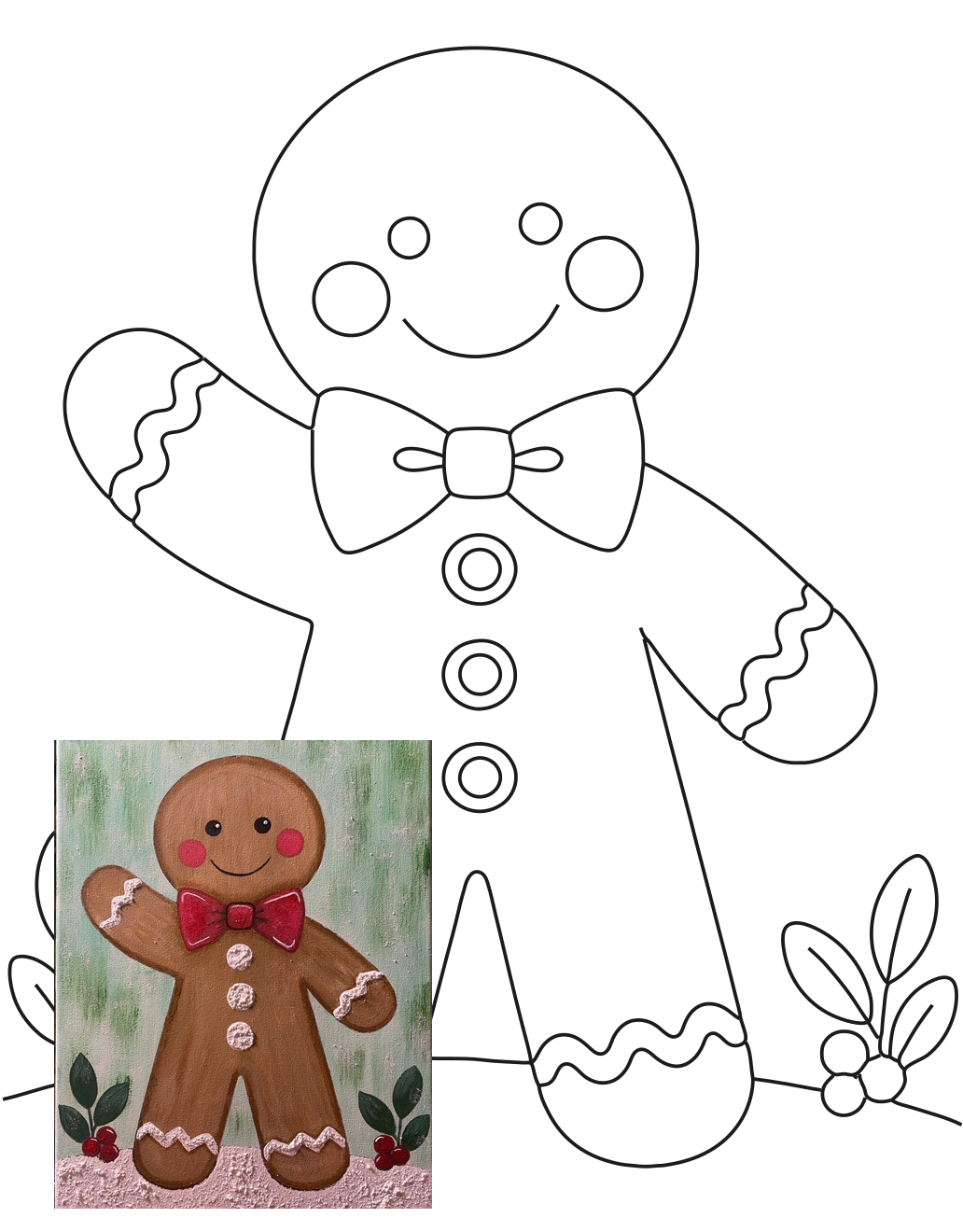 Original Gingerbread Boy tracer with the finished painting reference overlaid in the lower-left corner.