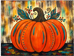 Fall Pumpkin 2026 finished painting with a bright orange pumpkin, curling stem, autumn leaves, and teal accents.