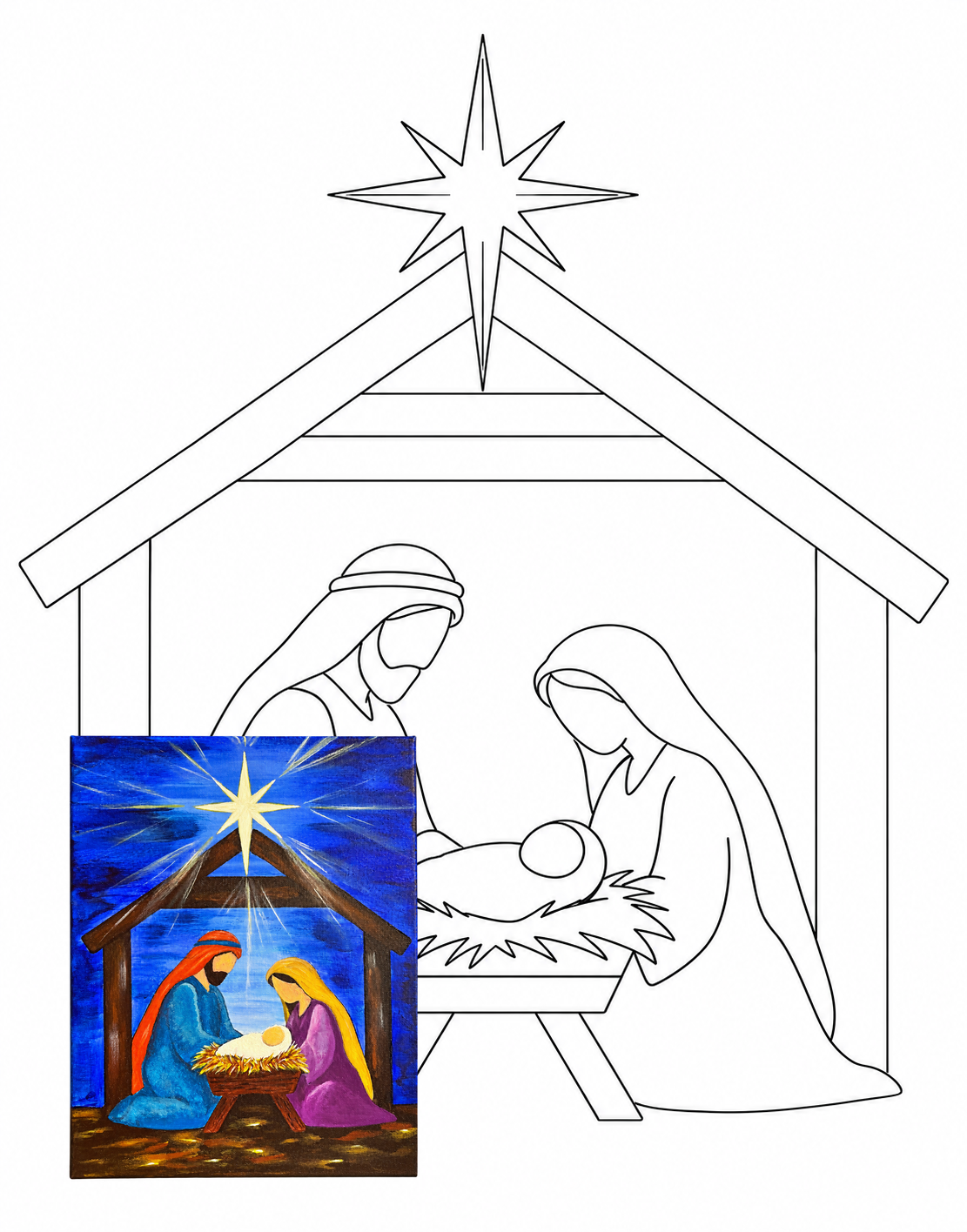 Nativity black-and-white tracer preview with a small overlay of the finished Nativity painting at the lower left
