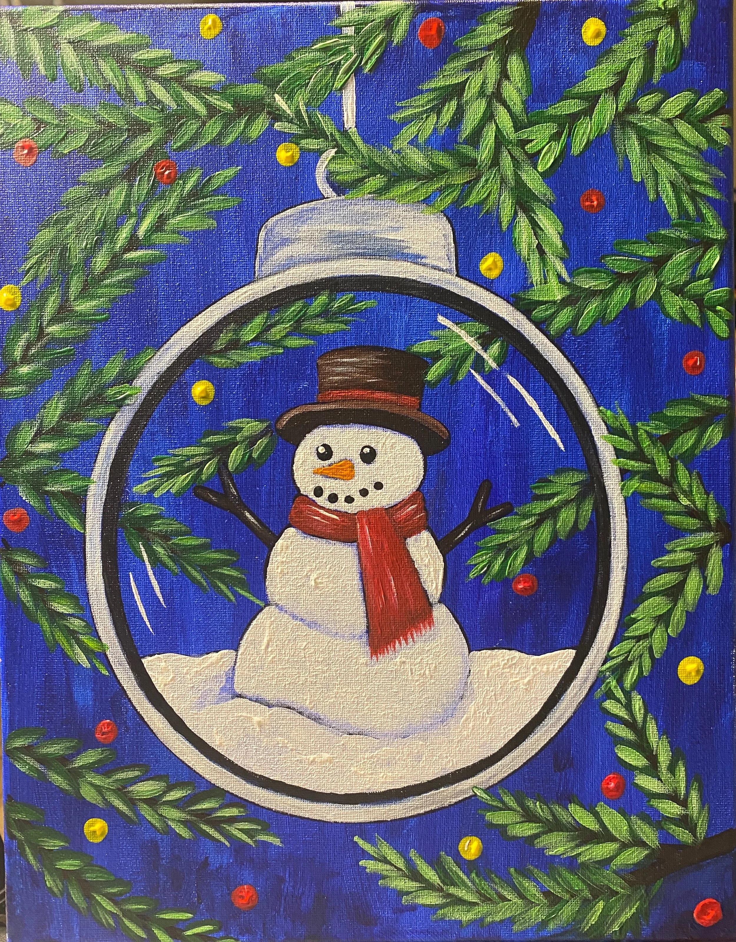 Finished Snowman Ornament painting with a red-scarfed snowman, evergreen branches, colorful holiday lights, and a rich blue background