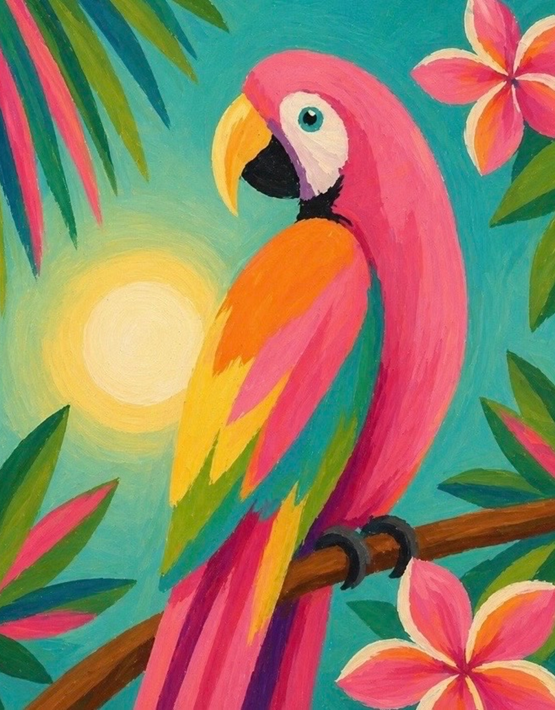 Paradise Parrot finished painting with pink parrot, tropical flowers, green leaves, and teal background