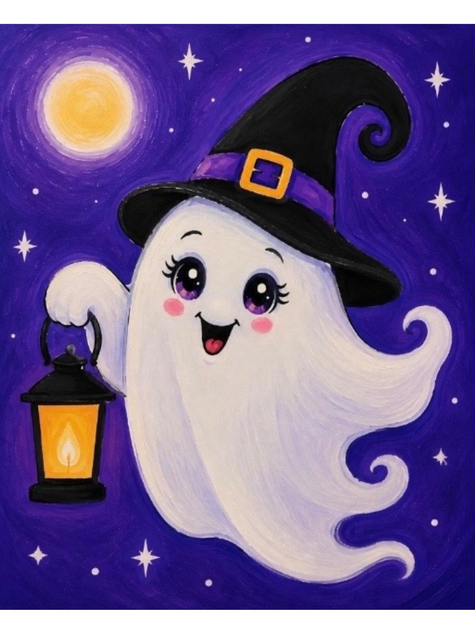 Boo Time finished painting: smiling ghost in a curled black witch hat carrying a glowing lantern beneath a golden moon in a starry purple sky.