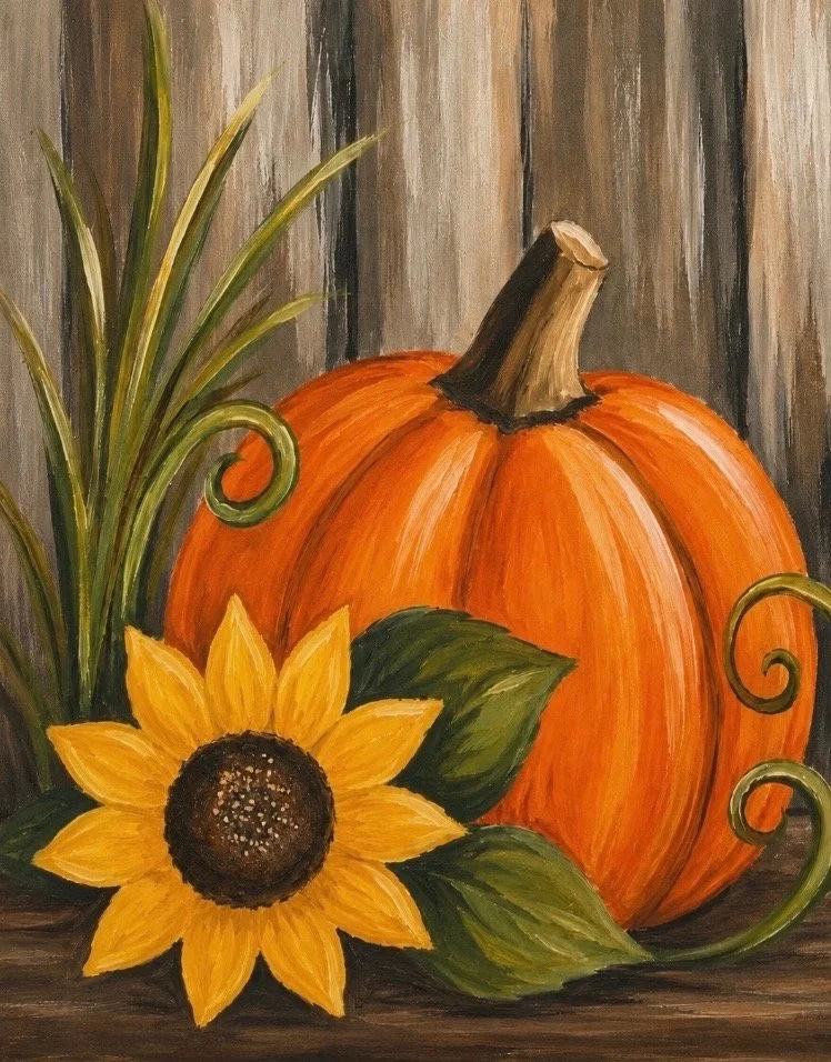 Pumpkin Sunflower original finished painting photo with an orange pumpkin, golden sunflower, green leaves and curling vines against rustic wood.