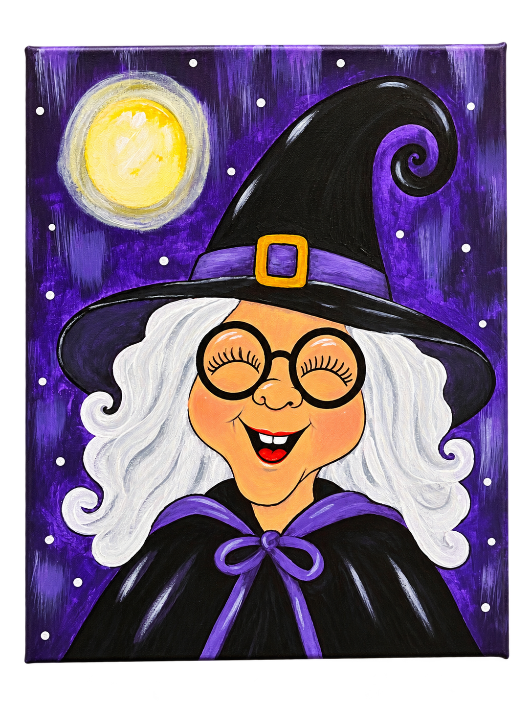 Happy Witch finished painting: smiling witch with round glasses, white hair, and a curled black hat beneath a moon in a purple night sky.