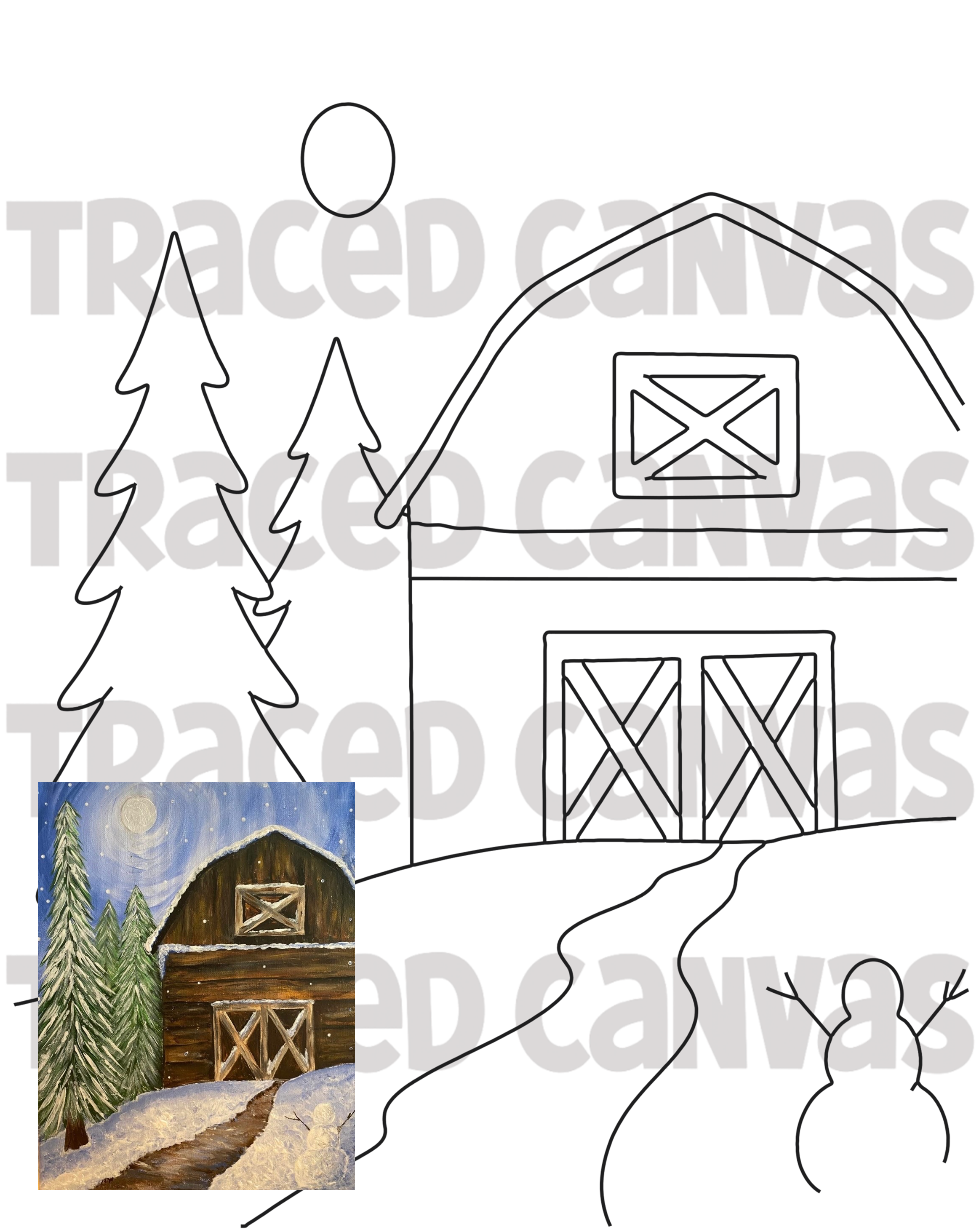 Winter Barn - Traced Canvas