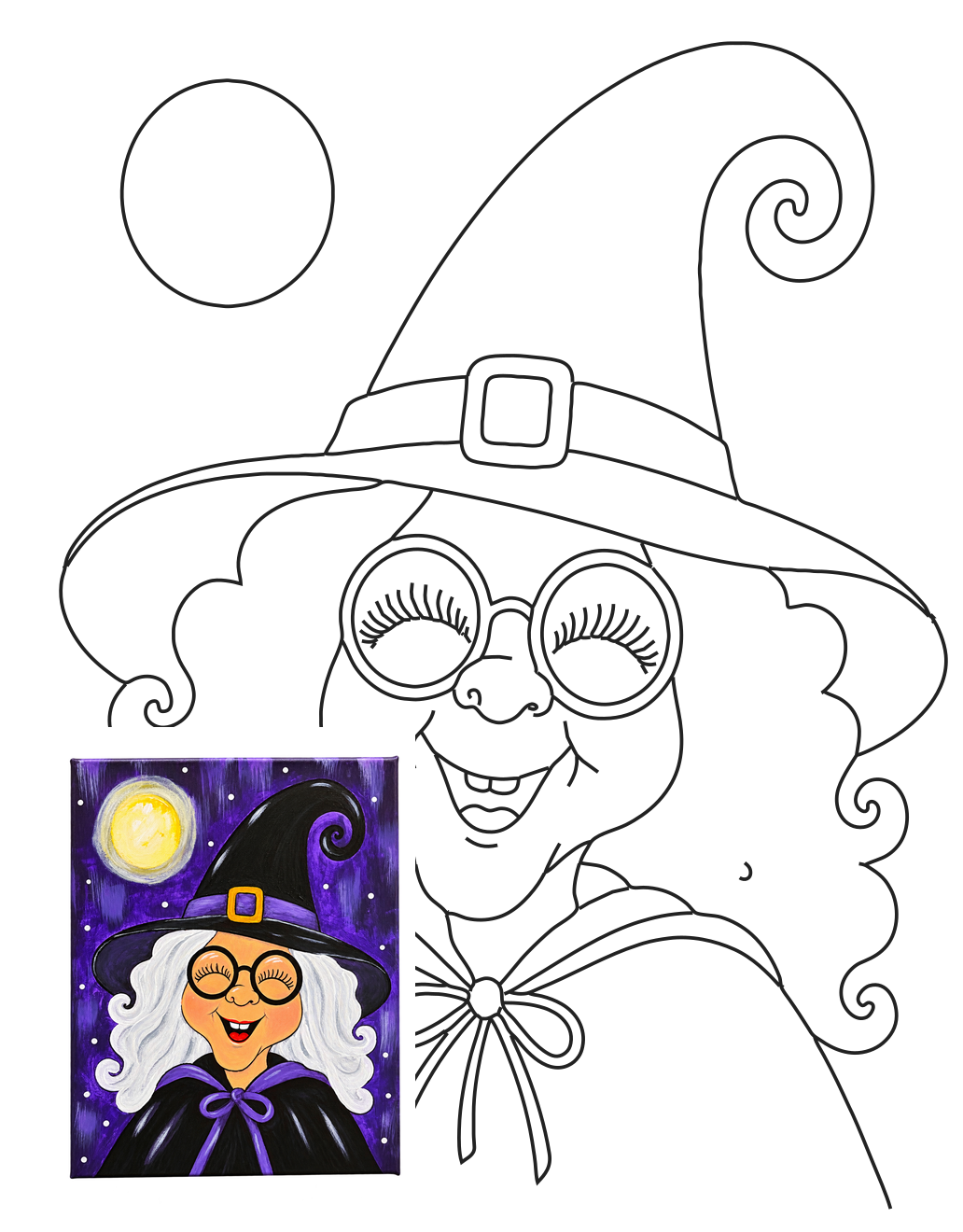 Happy Witch original black-and-white tracer with a smaller supplied finished painting overlay at the lower left.