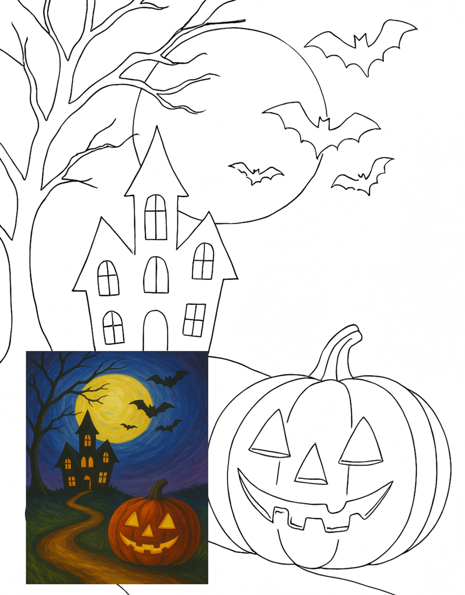 Spooky Nights original black-and-white tracer with the finished painting overlaid at the lower left