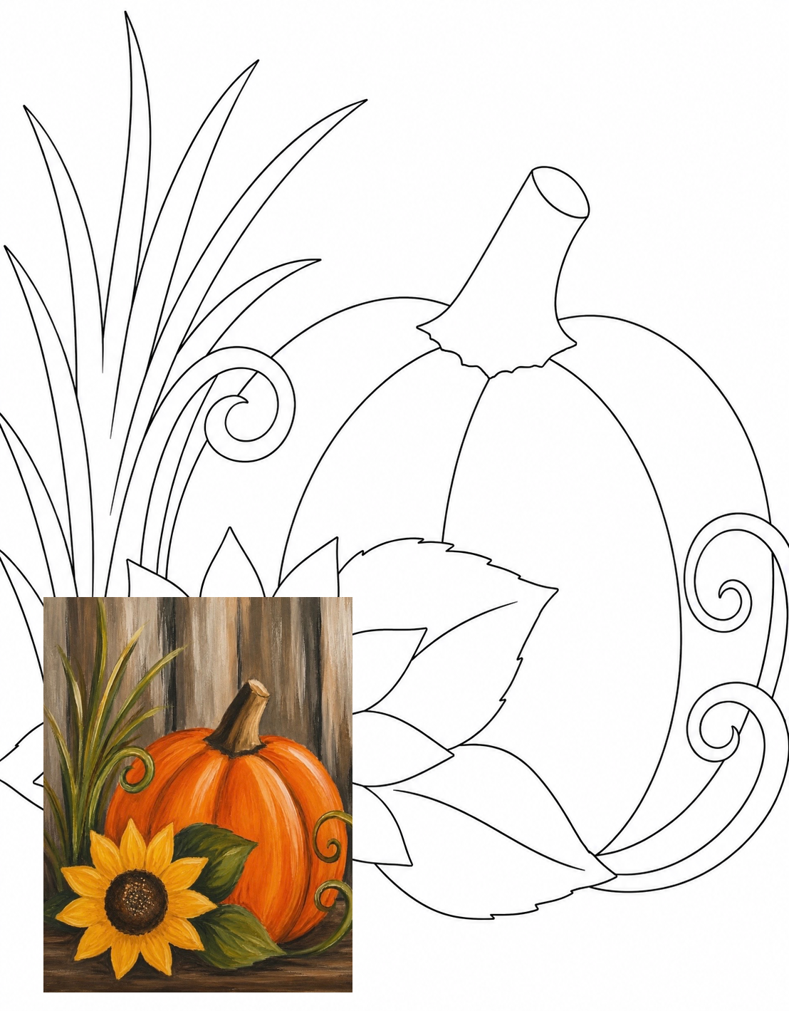 Pumpkin Sunflower original black-and-white tracer with the supplied finished painting photo overlaid proportionally in the lower-left corner.