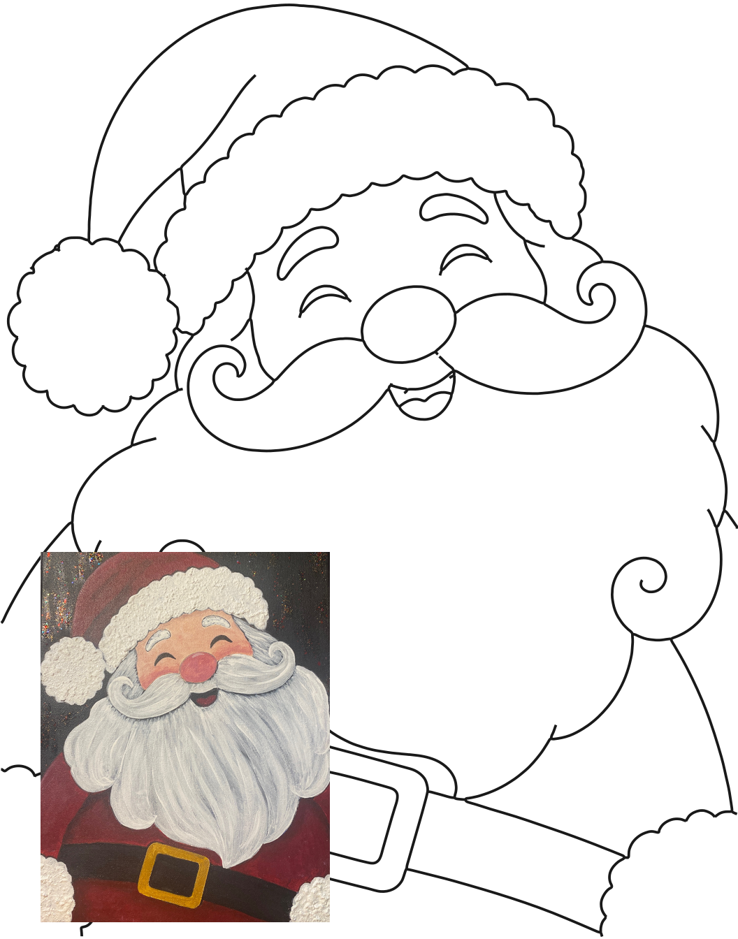 Santa 2026 black-and-white canvas tracer with the finished Santa painting overlaid at the lower left