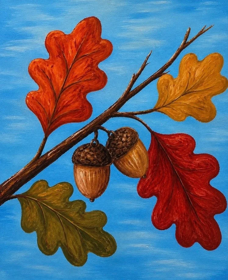Fall Acorns finished painting with two acorns and colorful autumn oak leaves on a blue background.
