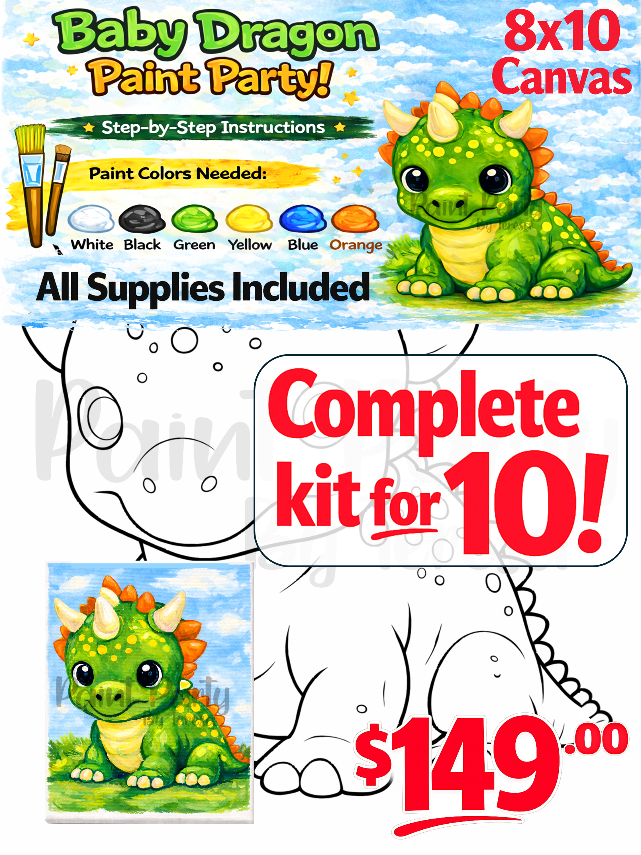 Paint Party Art Kit for 10 – Baby Dragon