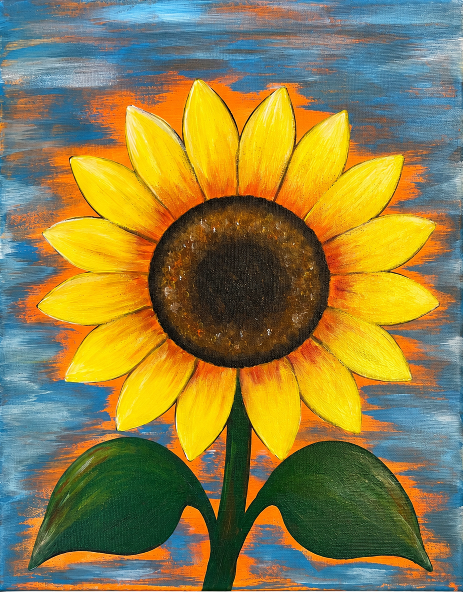 Golden Sunflower finished painting with yellow petals, green leaves, and a textured blue-and-orange background