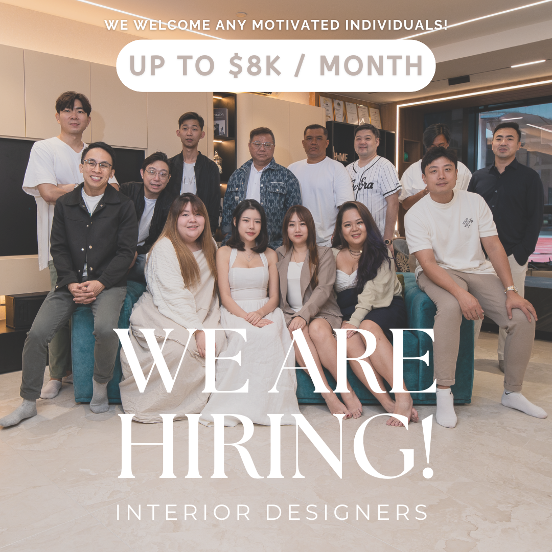 Group of interior designers posing in an office, with text overlay indicating they are hiring for a position with a pay of up to $8,000 per month.