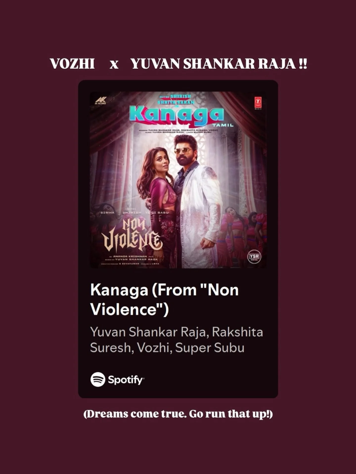 KANAGA OUT NOW!! @itsyuvan @rakshitasuresh @vozhi 

Can&rsquo;t believe I really got a song with one of my favorite Tamil artists of all time (in multiple languages!). Shoutout @ofrooooo for the alley-hoop 🫡🙏🏾
 
#Kanaga (Tamil) | #Kanakam (Telugu)