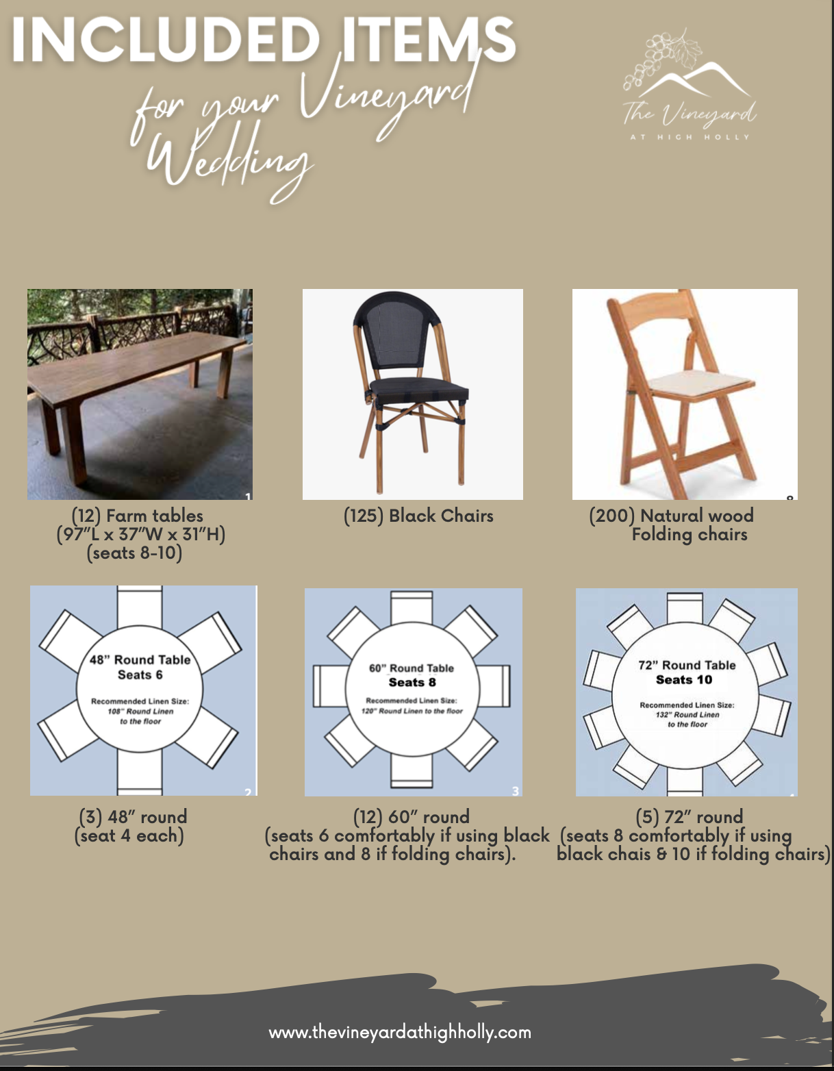 Infographic of vineyard wedding items, including farm tables, black chairs, natural wood folding chairs, and round tables of various sizes. Includes quantity and seating details.