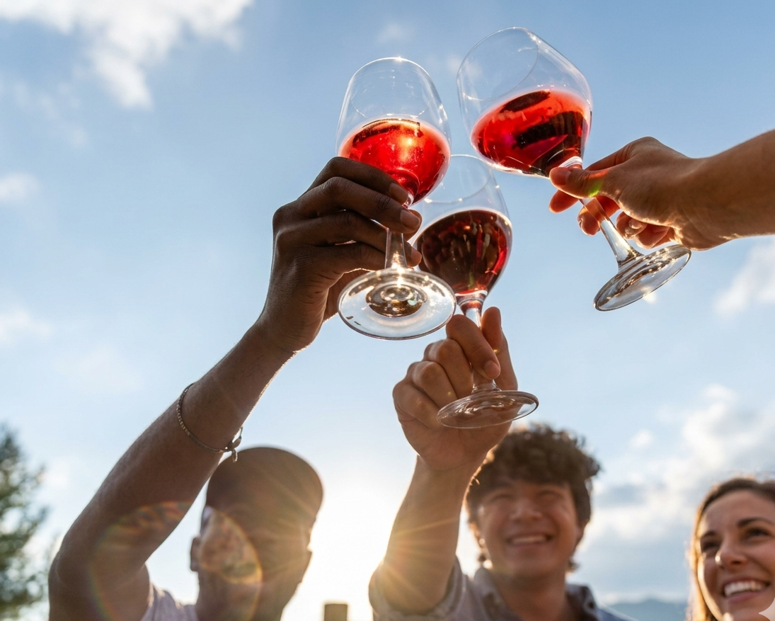 A group of adult friends laughing and drinking estate wine at sunset during a mountain retreat at The Vineyard at High Holly.