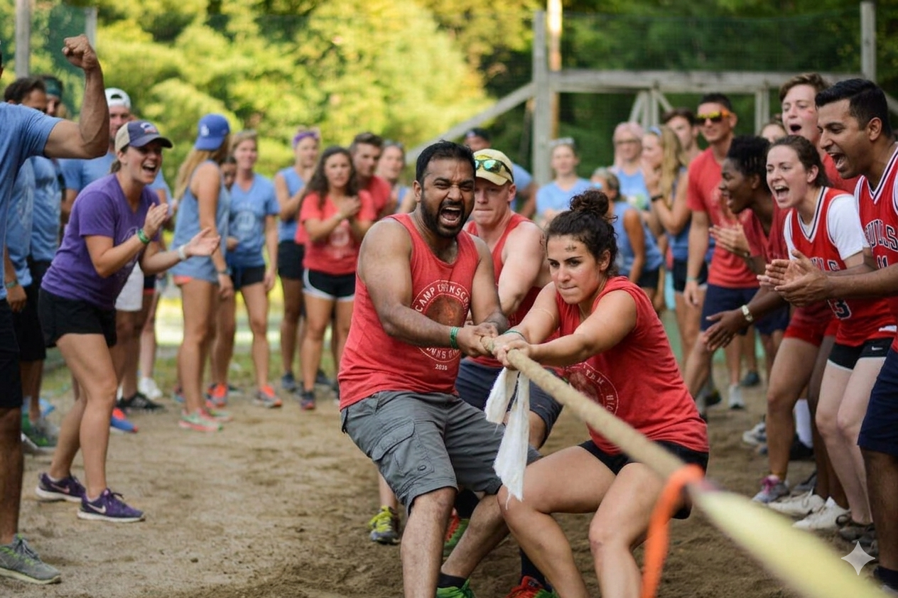 Tug of war at camp corkscrew the all inclusive luxury adult retreat in highlands NC over labor day weekend