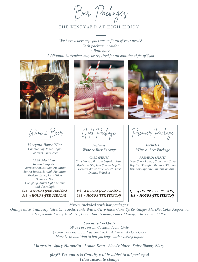 Bar packages menu from The Vineyard at High Holly, featuring options for Wine & Beer, Gold, and Premium packages with various spirits and prices per hour. Includes information on mixers, specialty cocktails, and additional bartender fees.