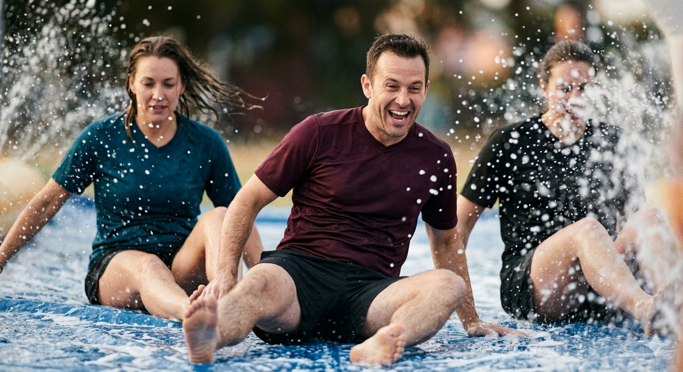 Adult campers sliding down a long outdoor slip and slide during the adult summer camp field day competition at a mountain estate.